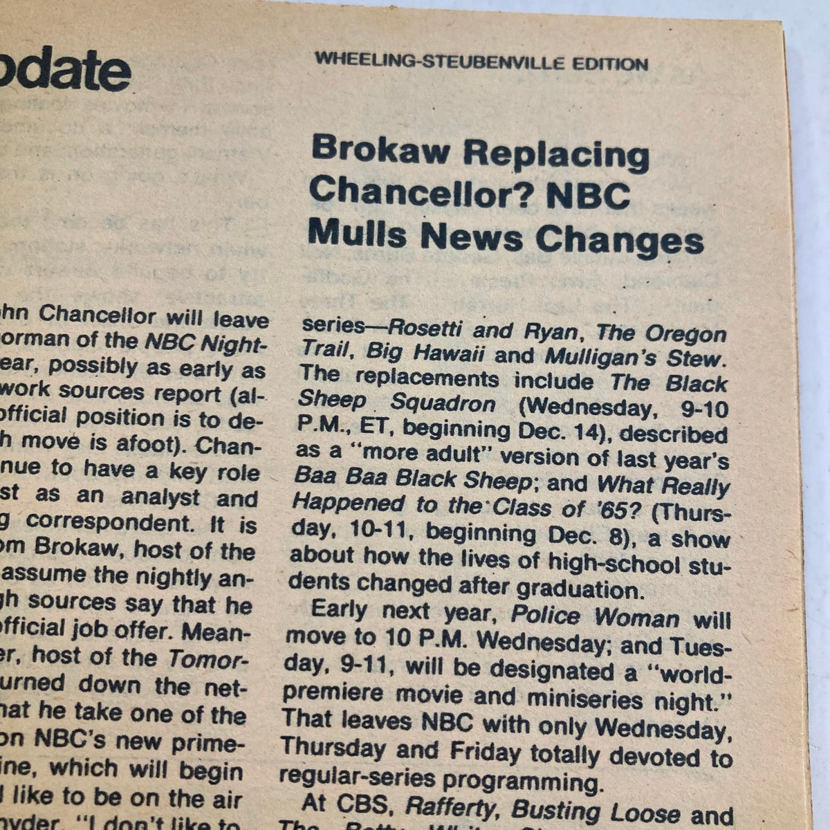 Another interior page from TV Guide Magazine November 26 1977, detailing news updates including a piece about Brokaw replacing Chancellor and upcoming programming changes.