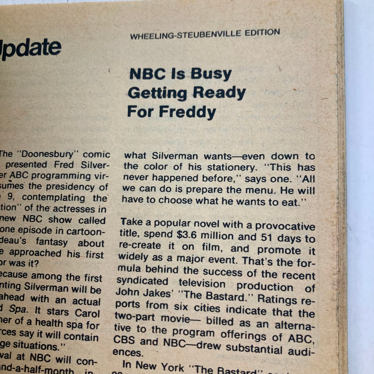Page from TV Guide Magazine June 10 1978, featuring an article about NBC's preparations for 'Freddy'. The Wheeling-Steubenville edition highlights television programming updates.