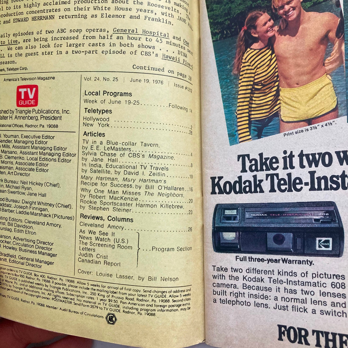 Inside page of TV Guide Magazine from June 19, 1976 featuring actress Louise Lasser, showcasing local programs and articles related to television history.