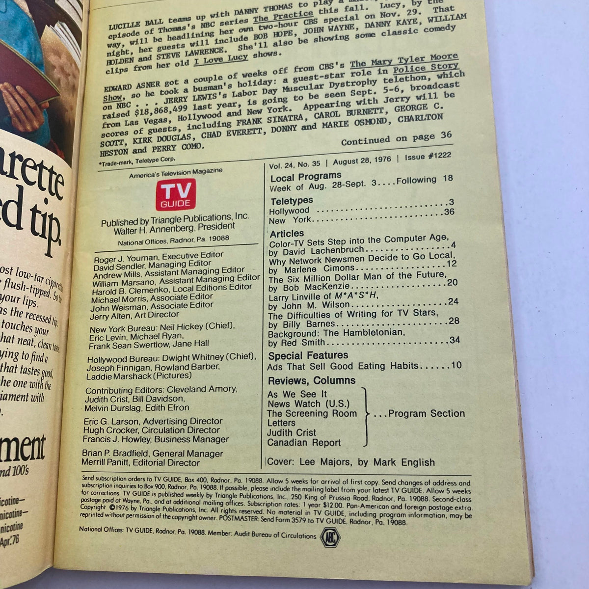 Inside page of TV Guide Magazine from August 28, 1976, providing a table of contents and editorial information related to television shows, including highlights of The Bionic Man.