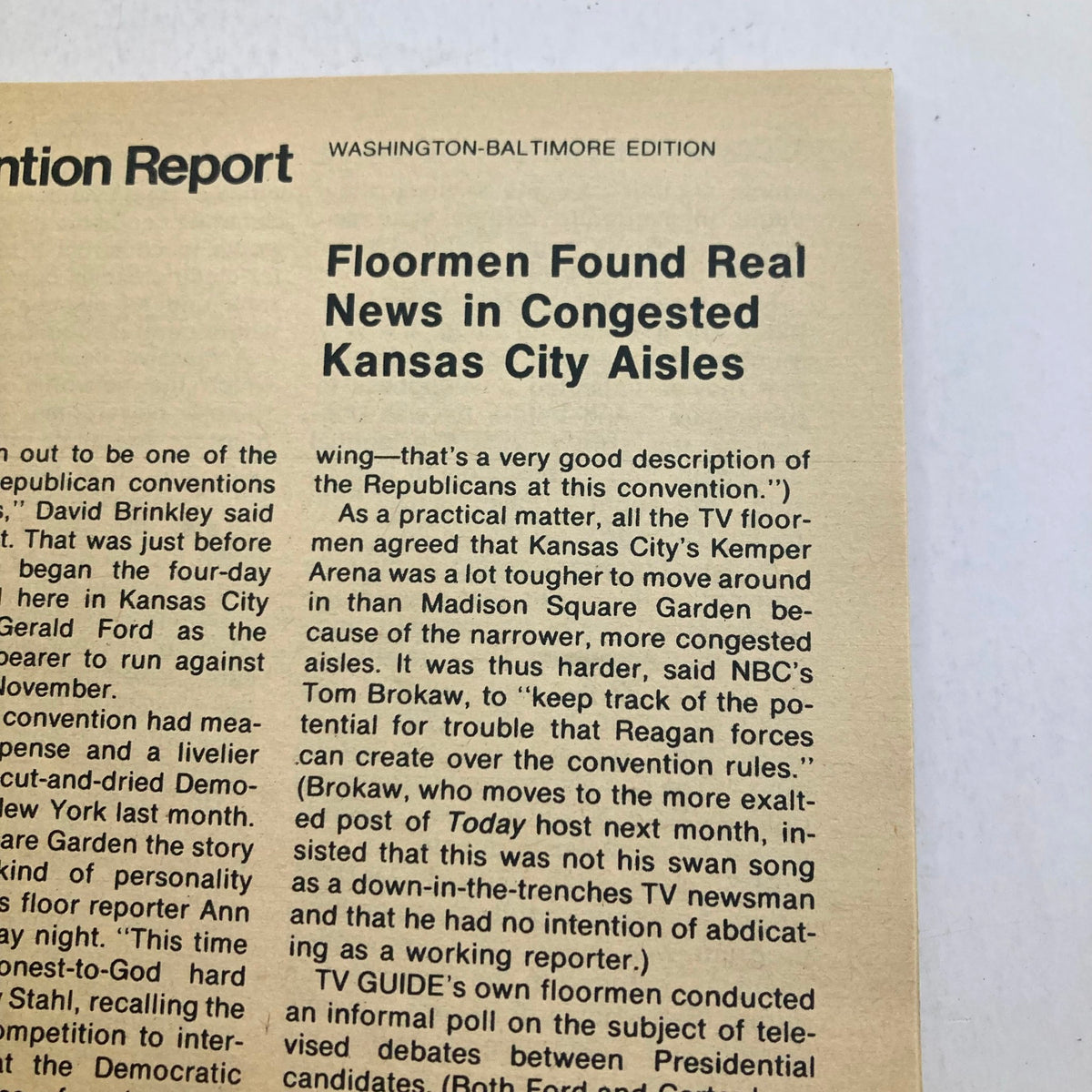 Article excerpt from TV Guide Magazine August 28, 1976, discussing the Republican National Convention and news coverage related to television during that time.