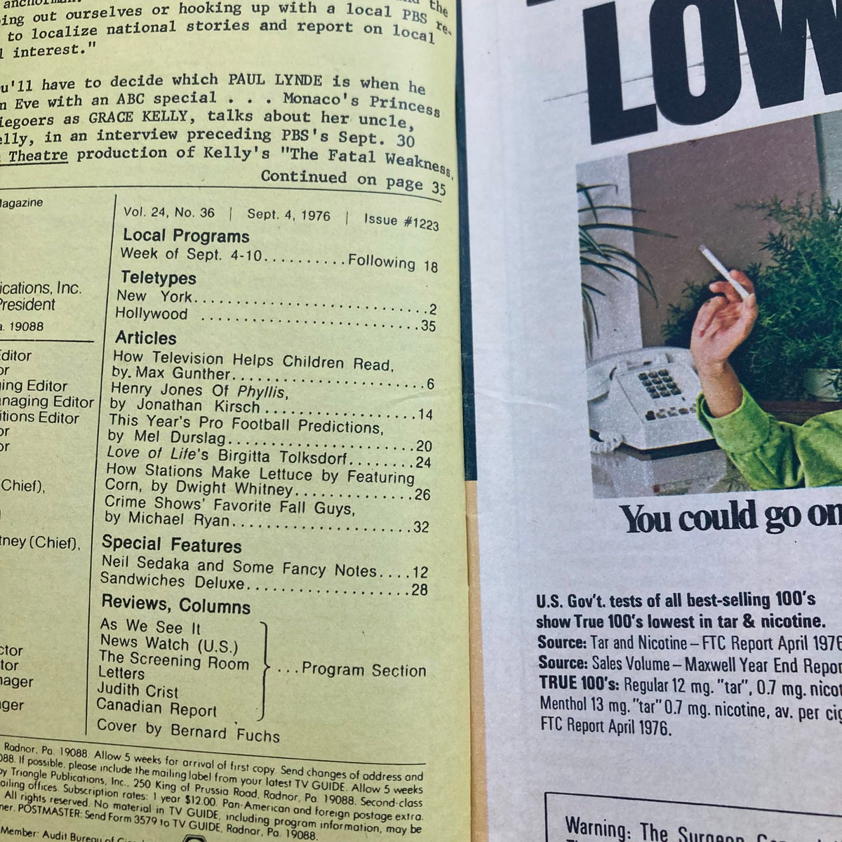 Inside page of TV Guide Magazine September 4 1976, detailing local programs and articles, including pro football predictions.