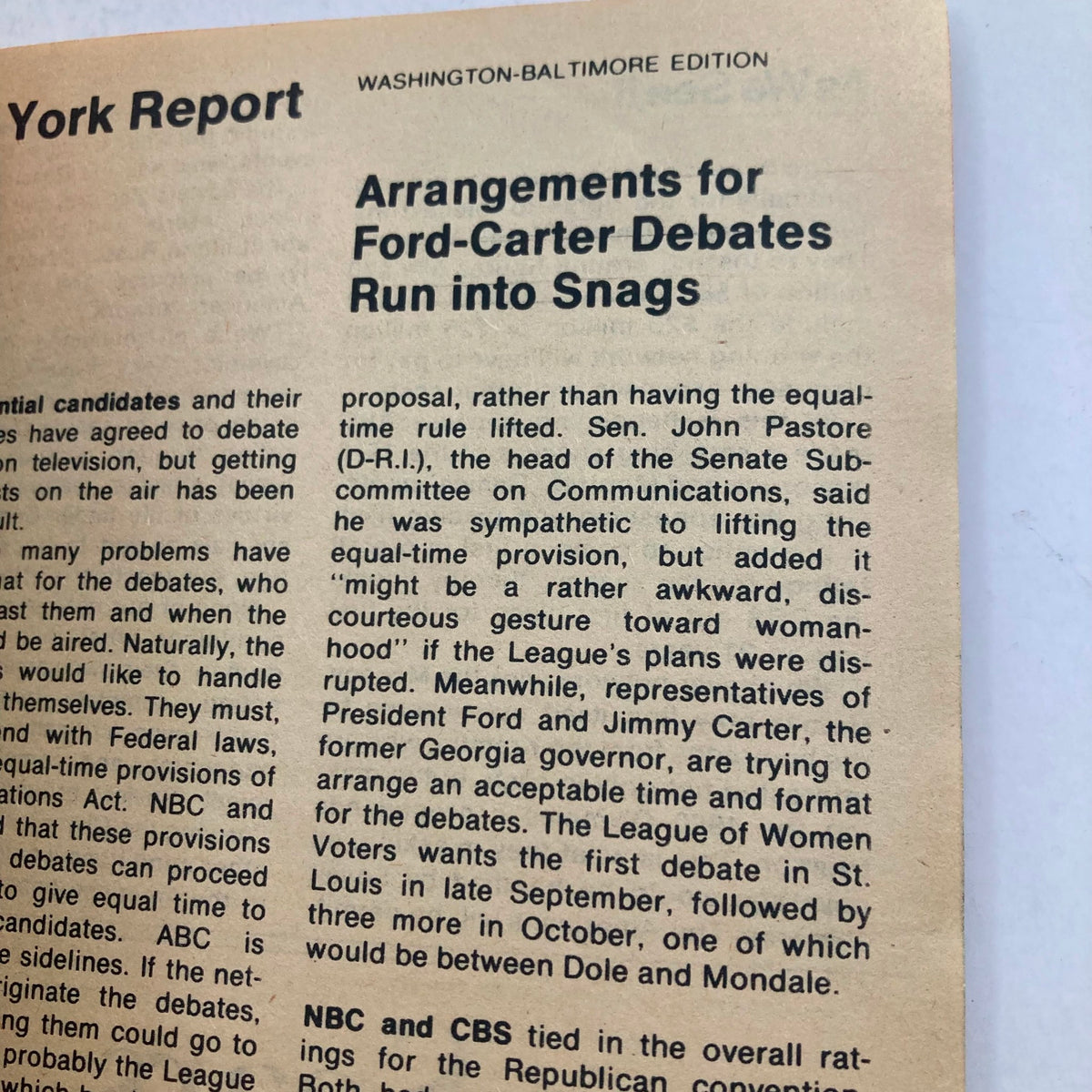 An article from the TV Guide Magazine September 4 1976 discussing the arrangements for Ford-Carter debates in the Washington-Baltimore edition.
