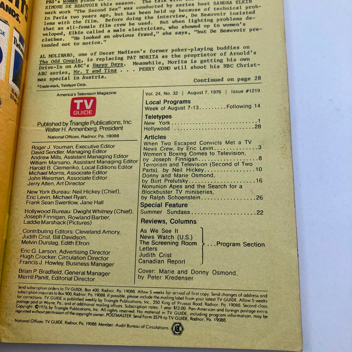 Back cover of TV Guide Magazine August 7, 1976, featuring publication details and a list of articles, emphasizing its vintage charm.