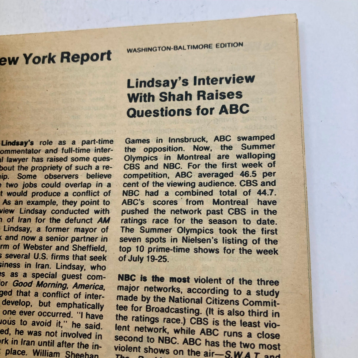 TV Guide Magazine August 7 1976 featuring an article titled 'Lindsay's Interview With Shah Raises Questions for ABC', showcasing a news excerpt about network ratings during the Summer Olympics.