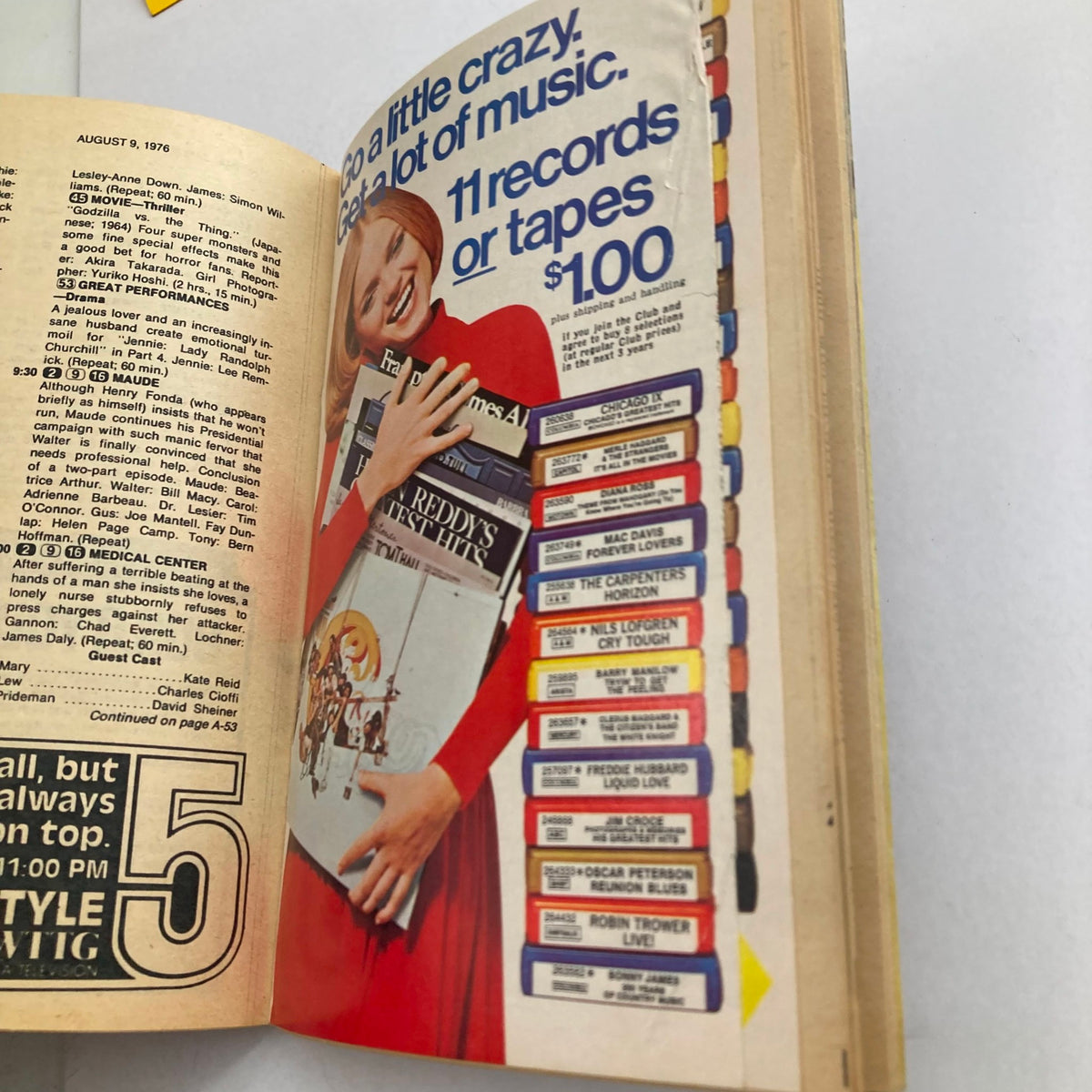 TV Guide Magazine August 7 1976 displaying a colorful advertisement for music records, promoting 11 records or tapes for $1, with a model enthusiastically holding music albums.