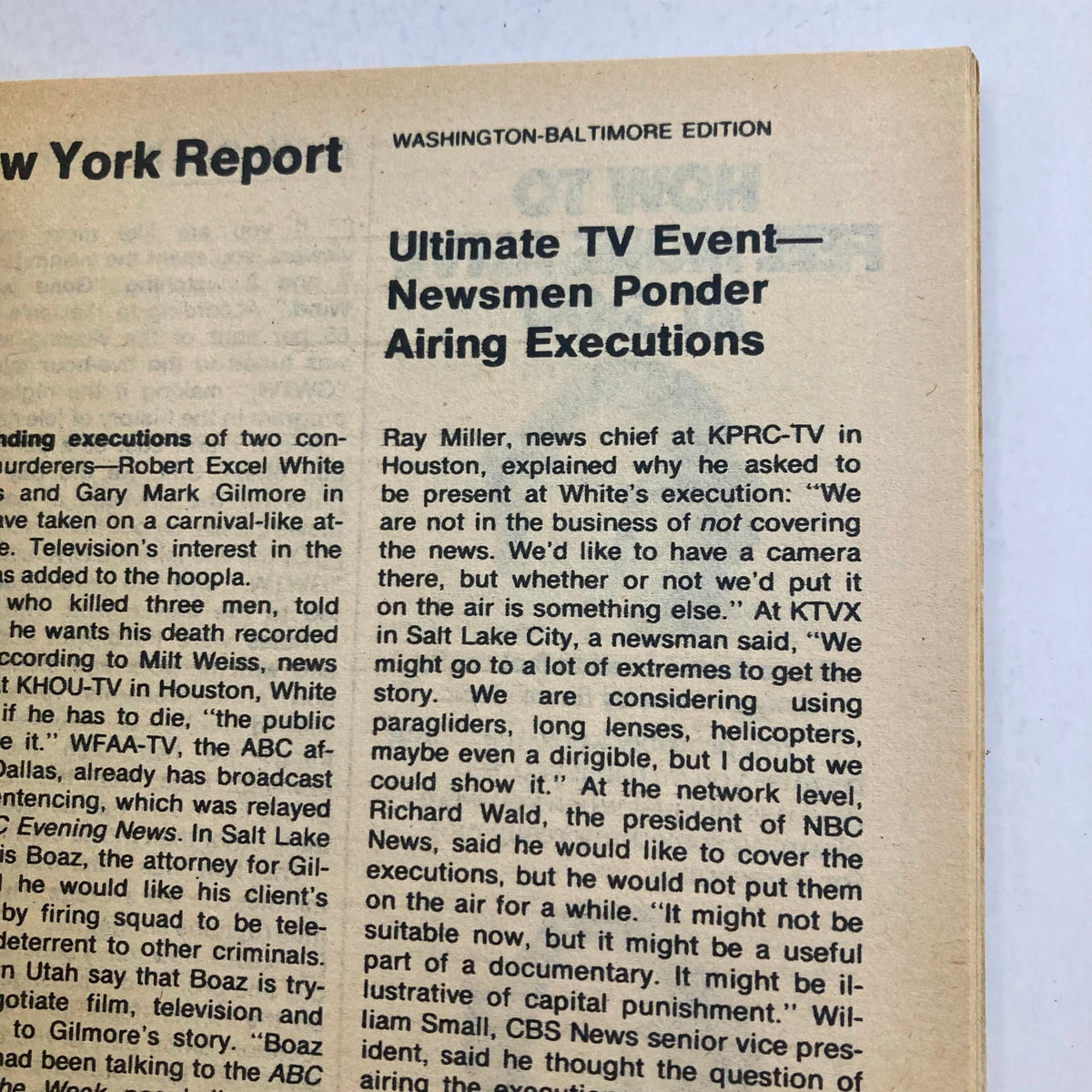New York report section of TV Guide Magazine from December 4, 1976, discussing the airing of executions by news organizations.