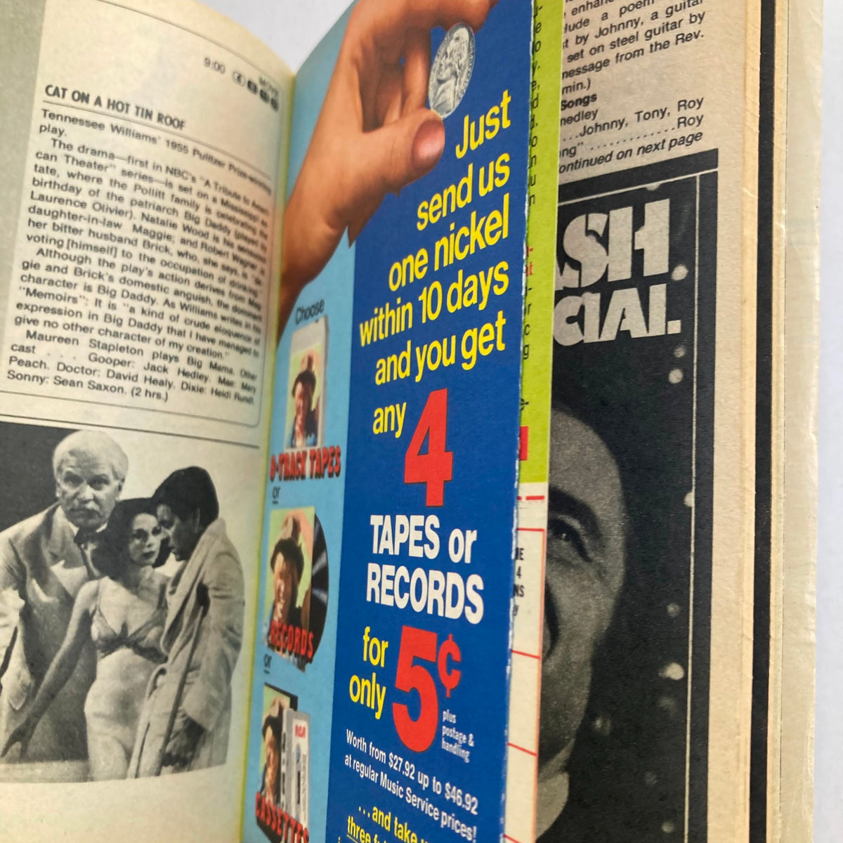 TV Guide Magazine December 4 1976 featuring an advertisement for 4 tapes or records for only 5 cents, showing a hand holding a nickel, alongside an article excerpt about the play 'Cat on a Hot Tin Roof'.