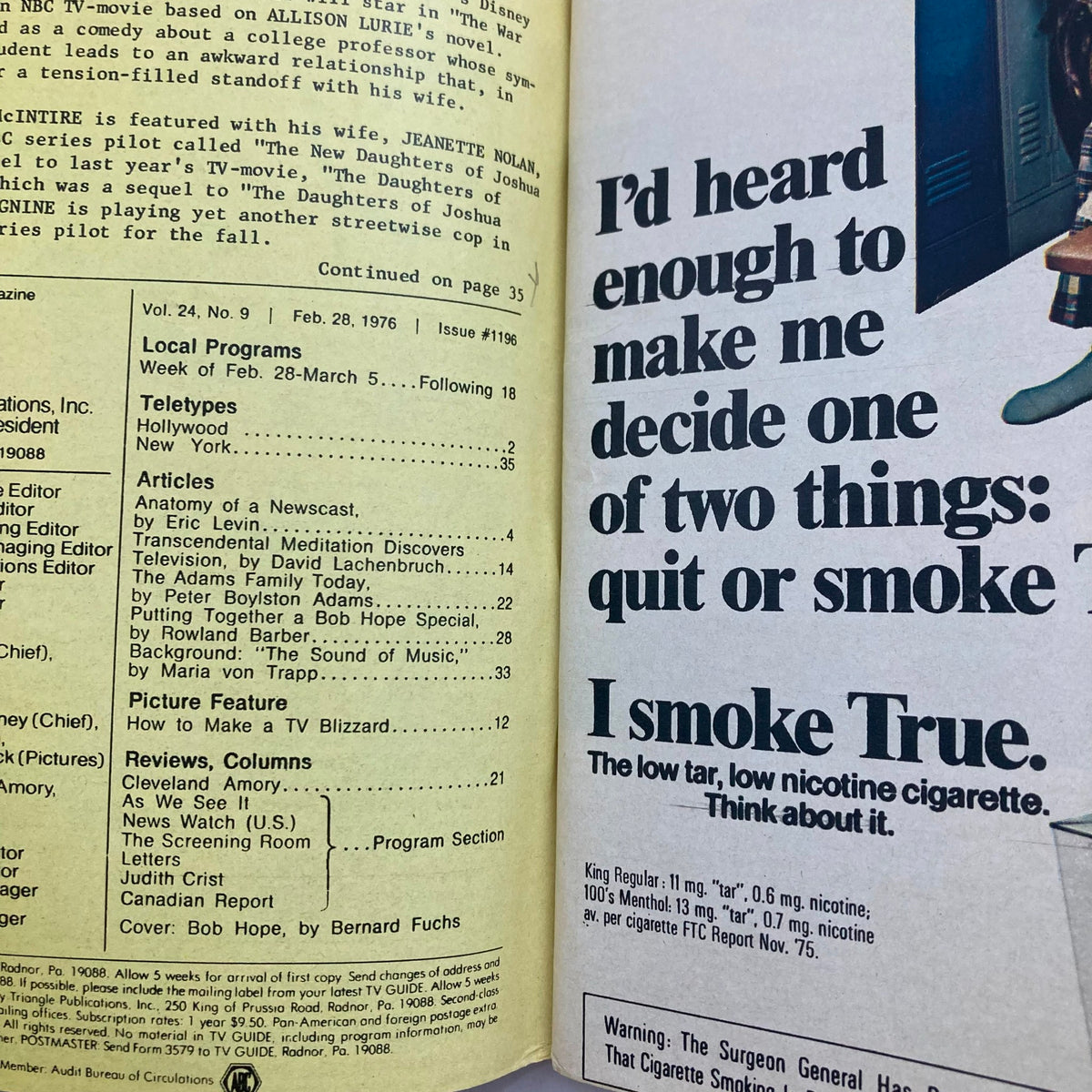 Inside page of TV Guide Magazine February 28 1976, detailing articles and local programs, including content about Bob Hope. The page offers insights into television history and features advertisements, highlighting the era's unique advertising style.