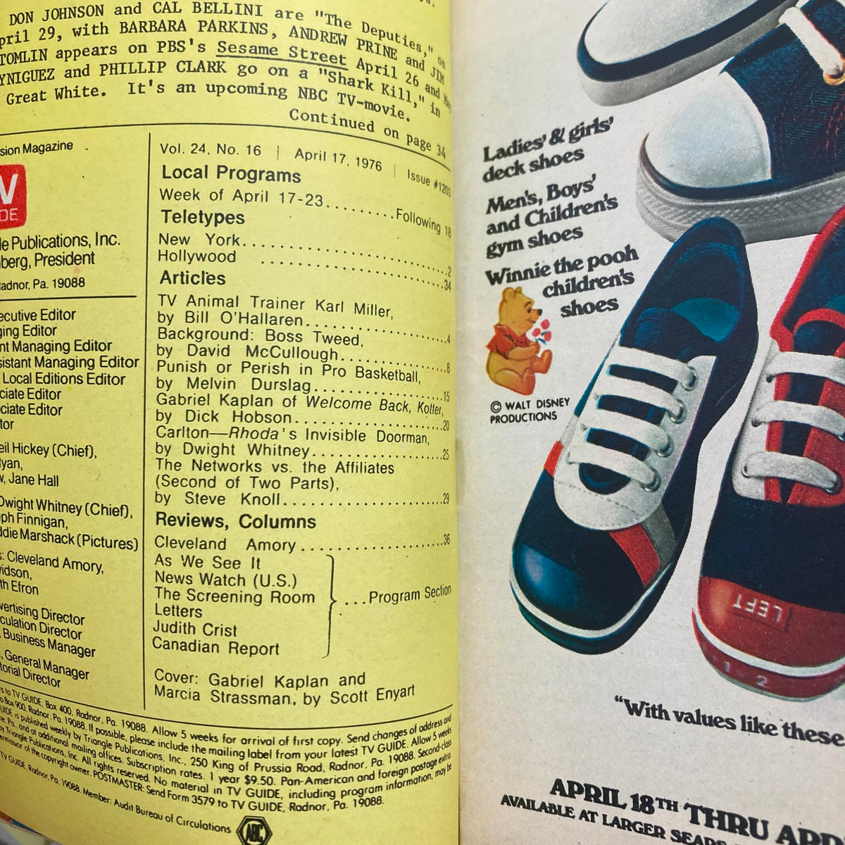 Inside page of TV Guide Magazine April 17 1976 showing local programs and articles, including details about shows and advertisements.