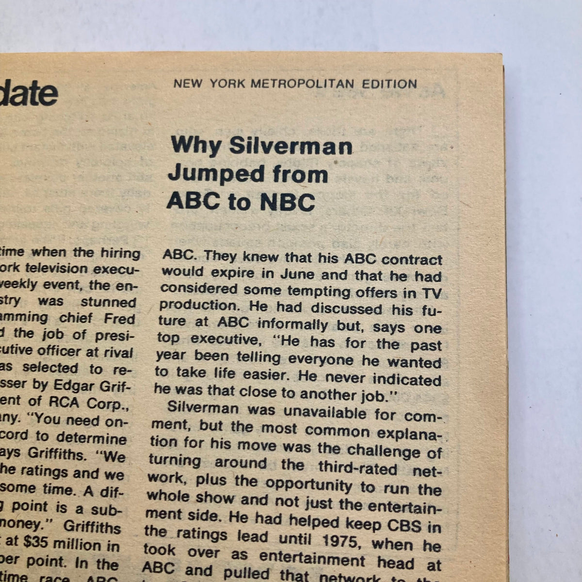 Column titled 'Why Silverman Jumped from ABC to NBC' from TV Guide Magazine February 4, 1978, discussing television industry leadership changes.