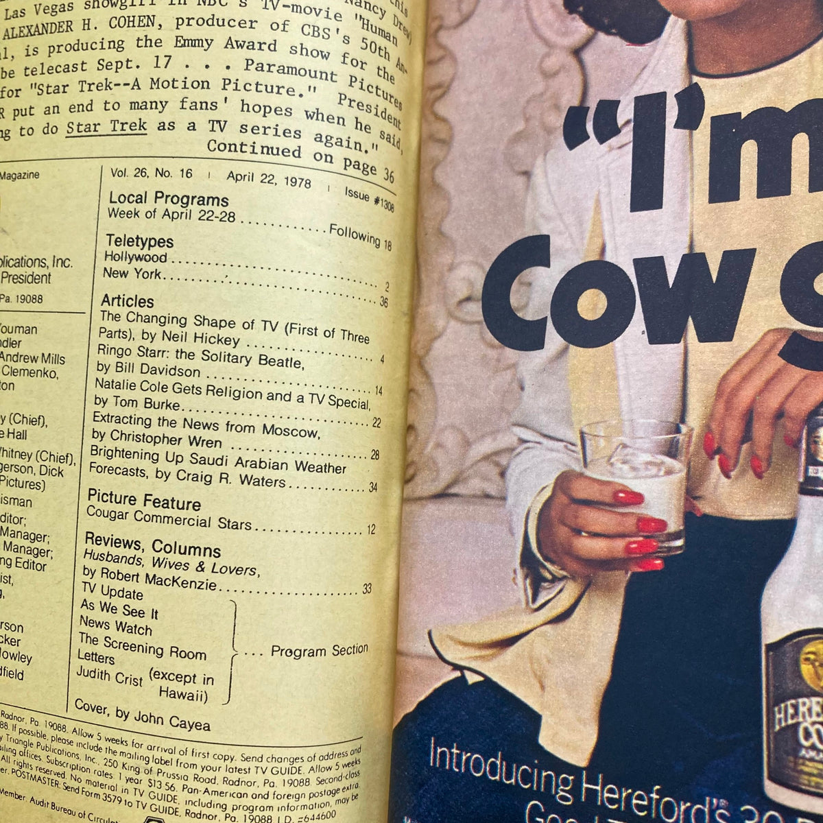 Interior page of TV Guide Magazine April 22 1978 showcasing articles and features including 'I'm a Cowgirl' and program listings for local shows.