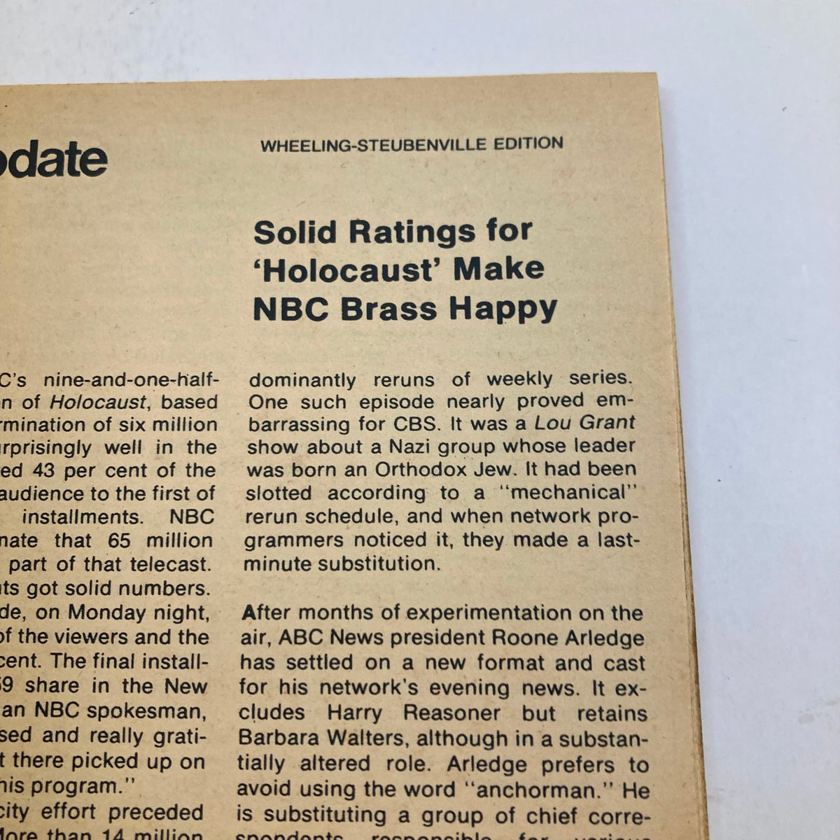 Inside article from the Wheeling-Steubenville edition of the TV Guide Magazine April 29, 1978 discussing the ratings for 'Holocaust' and its impact on NBC television.
