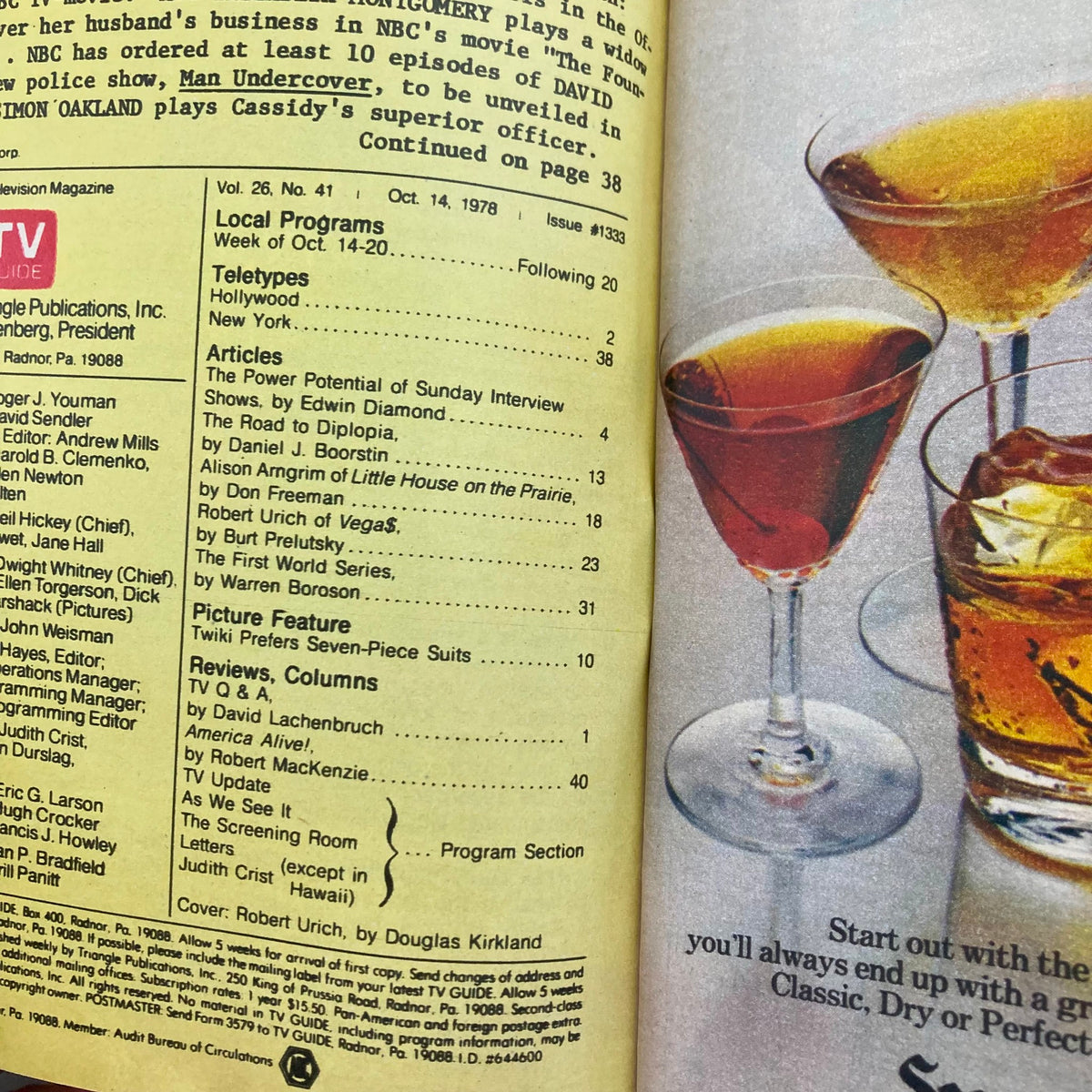 Inside page of TV Guide Magazine October 14 1978 #1333 featuring drinks and listings, showcasing Robert Urich on the cover, highlighting articles and television programs.
