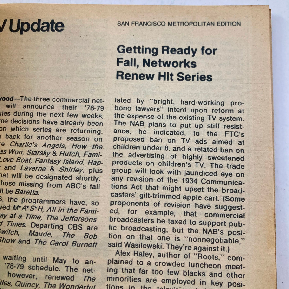 TV Guide Magazine April 22 1978 #1308 featuring a news update titled 'Getting Ready for Fall, Networks Renew Hit Series' discussing TV show renewals.