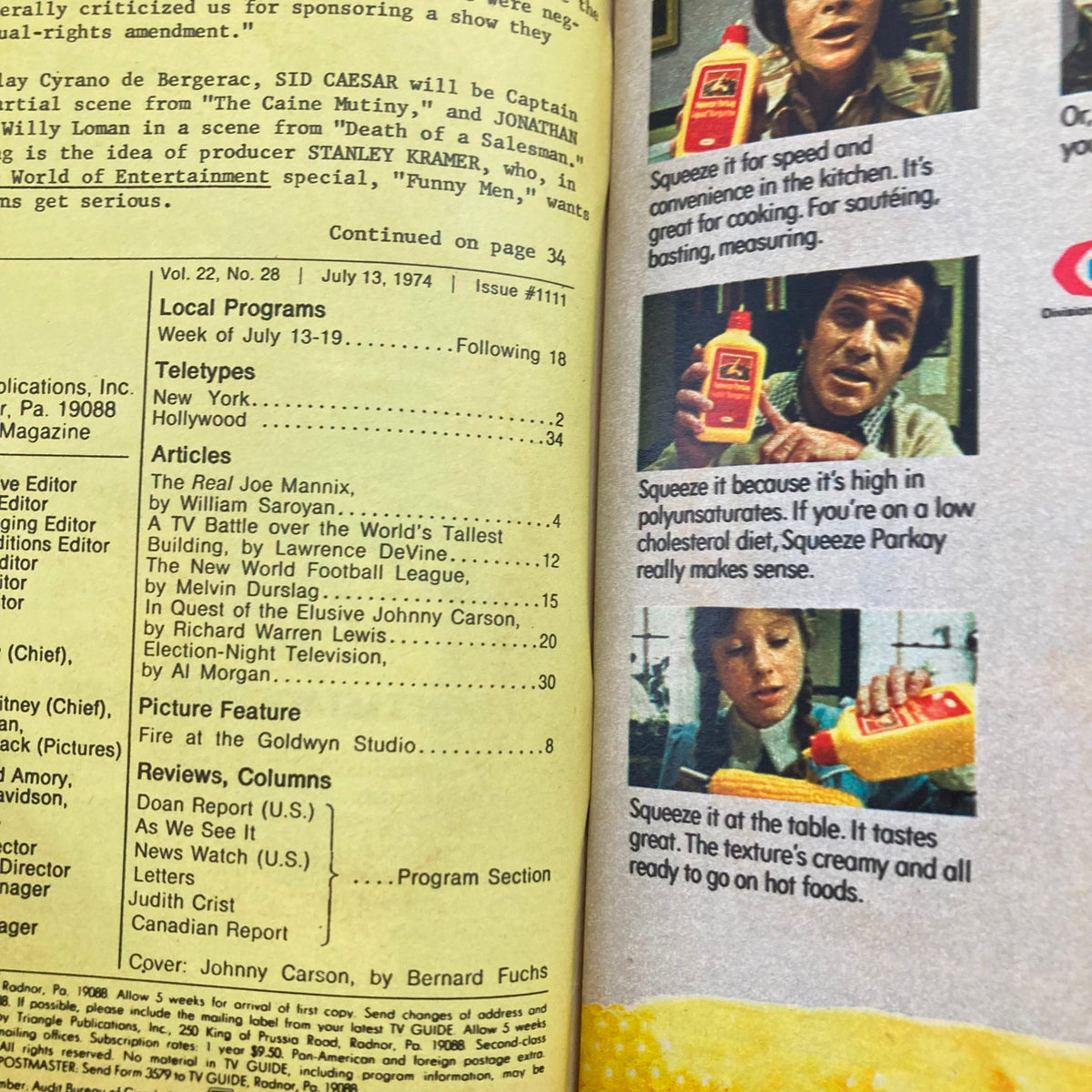 Inside view of TV Guide Magazine July 13 1974, issue #1111, displaying articles and features including a segment on Johnny Carson and advertisements from the 1970s.