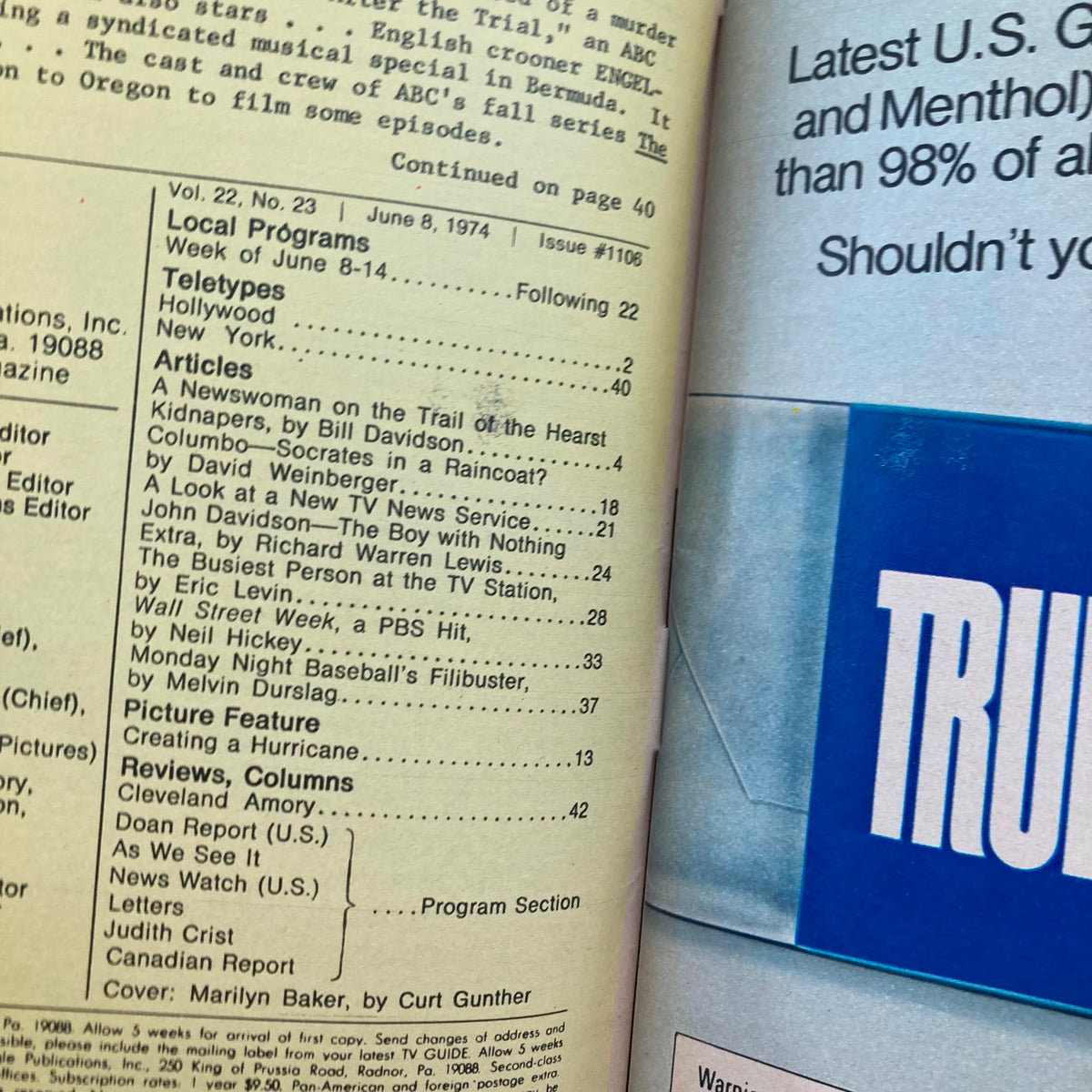Table of contents from TV Guide Magazine June 8 1974 #1106 outlining articles and features of the issue.
