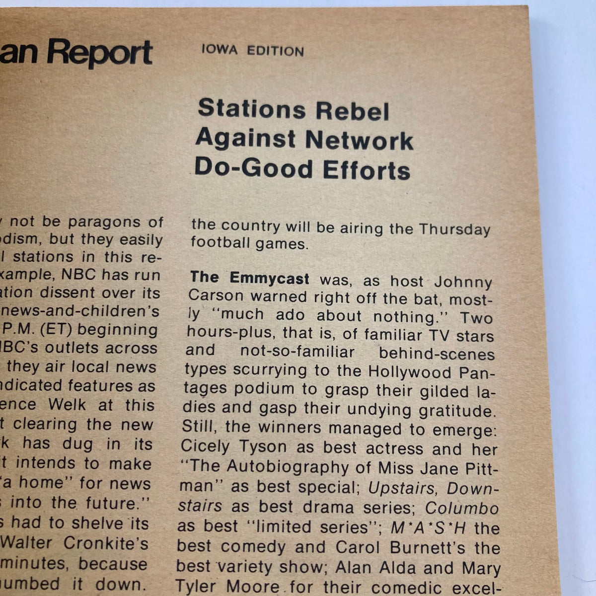 Article excerpt in TV Guide Magazine June 8 1974 #1106 discussing television stations' rebellion against network policies.
