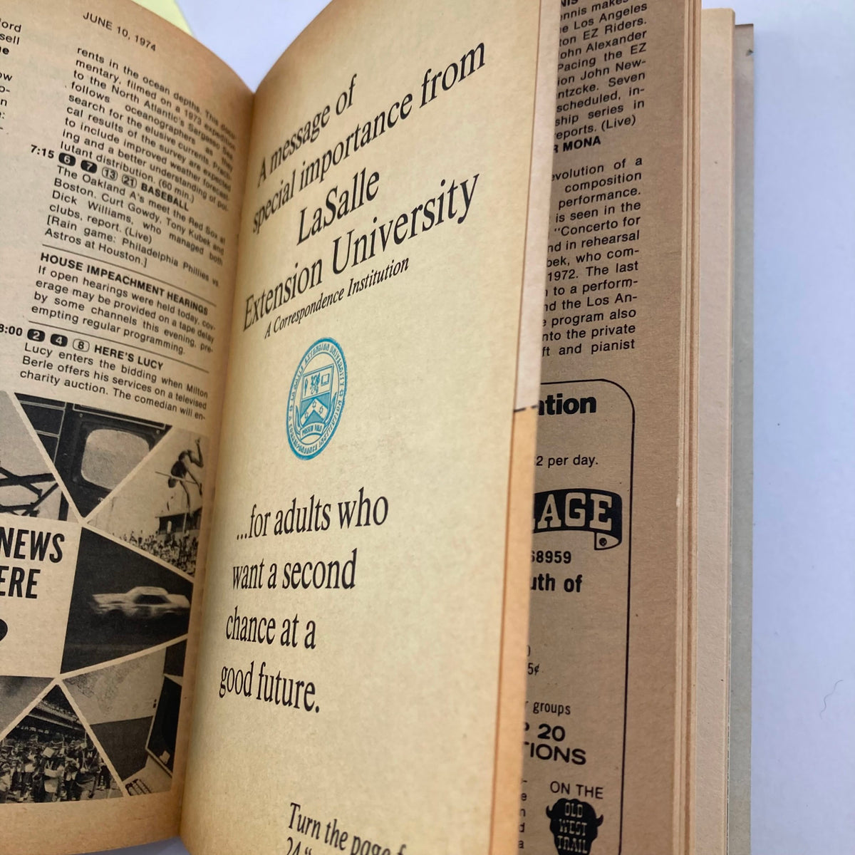 Interior view of TV Guide Magazine June 8 1974 #1106, featuring an advertisement from LaSalle Extension University, promoting educational opportunities for adults. The page highlights a message about a second chance at a good future.
