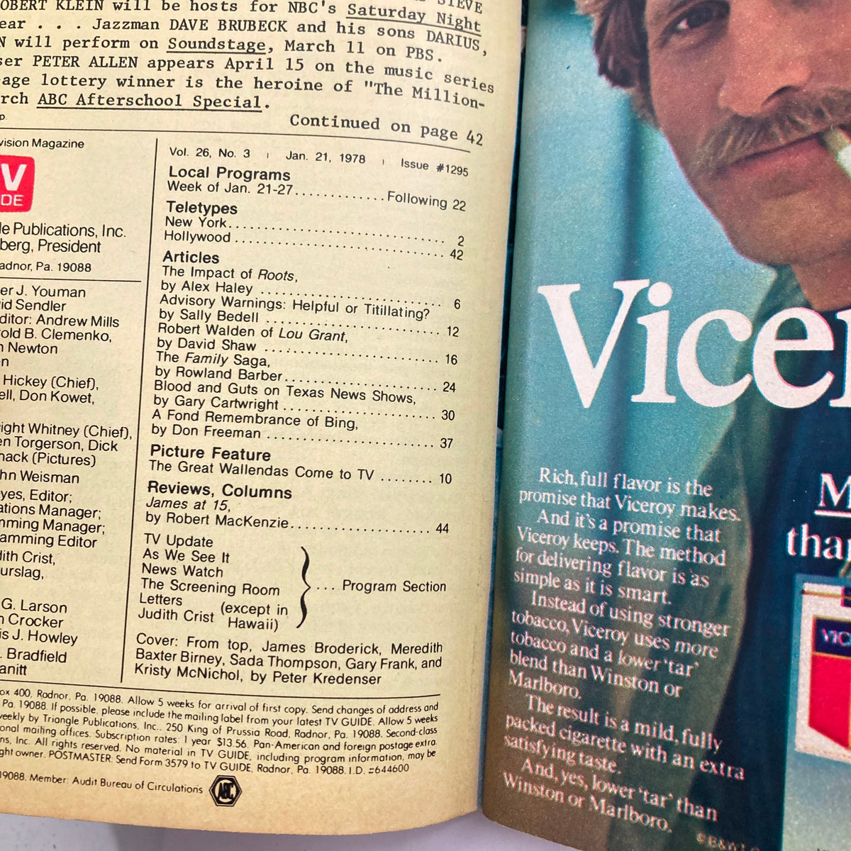 Inside page of TV Guide Magazine January 21 1978 #1295 showcasing local programs and articles, with a focus on television shows of the time.