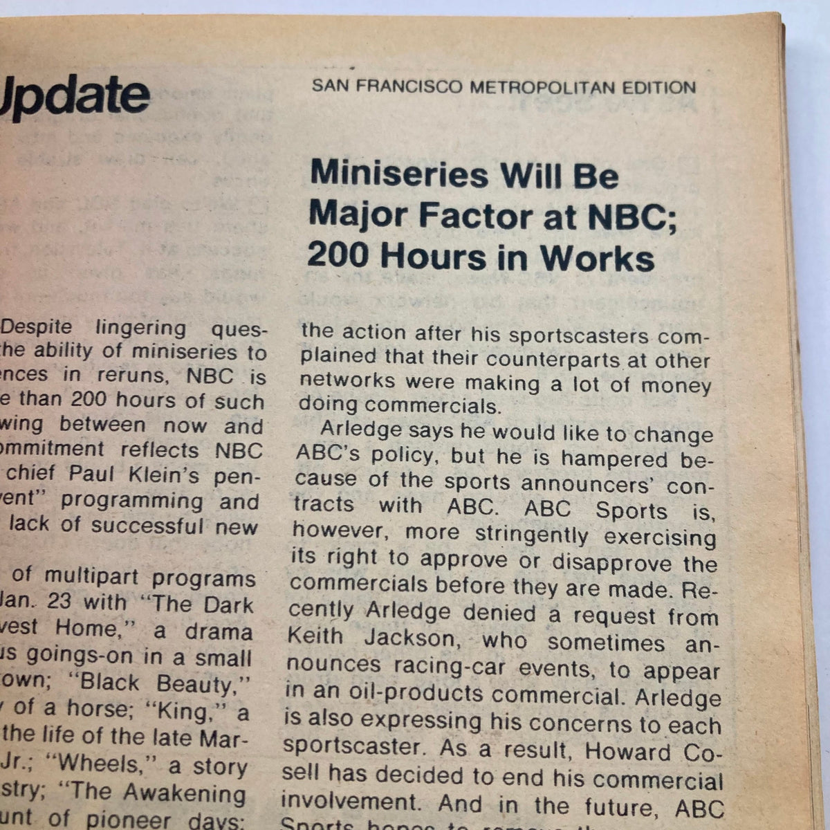 Update section from TV Guide Magazine January 21 1978 #1295 discussing the impact of miniseries at NBC and upcoming programming.