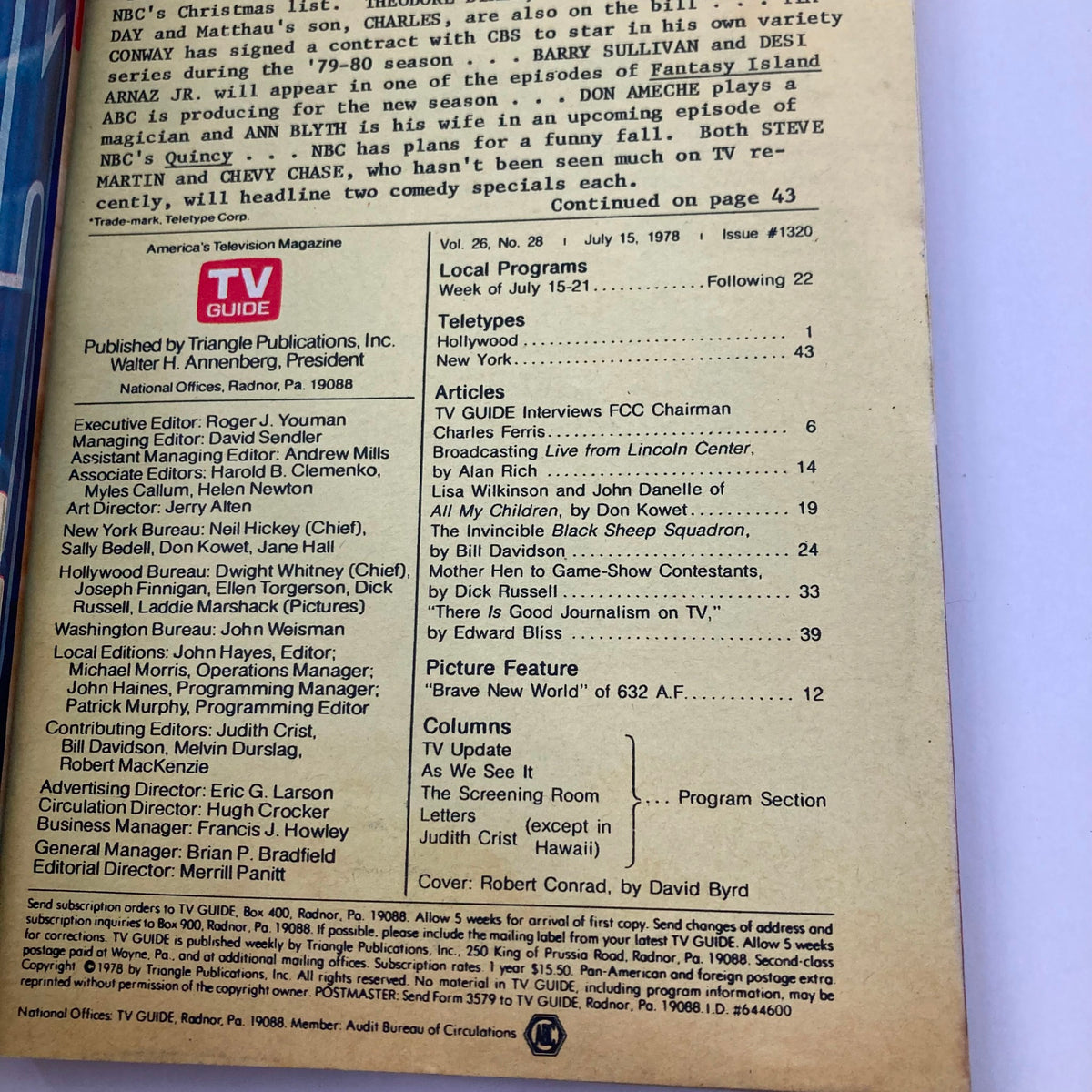Back cover of TV Guide Magazine July 15 1978 #1320 displaying publication details and articles included in the issue, such as interviews and TV program listings.