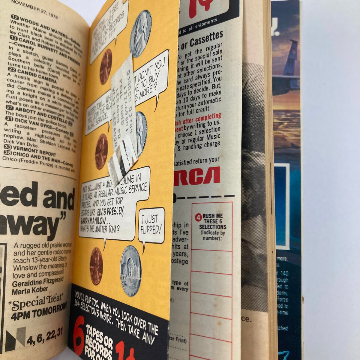 Another inside page of TV Guide Magazine November 25, 1978, featuring advertisements and articles relevant to music service offers, representing the blend of media during the late 1970s.
