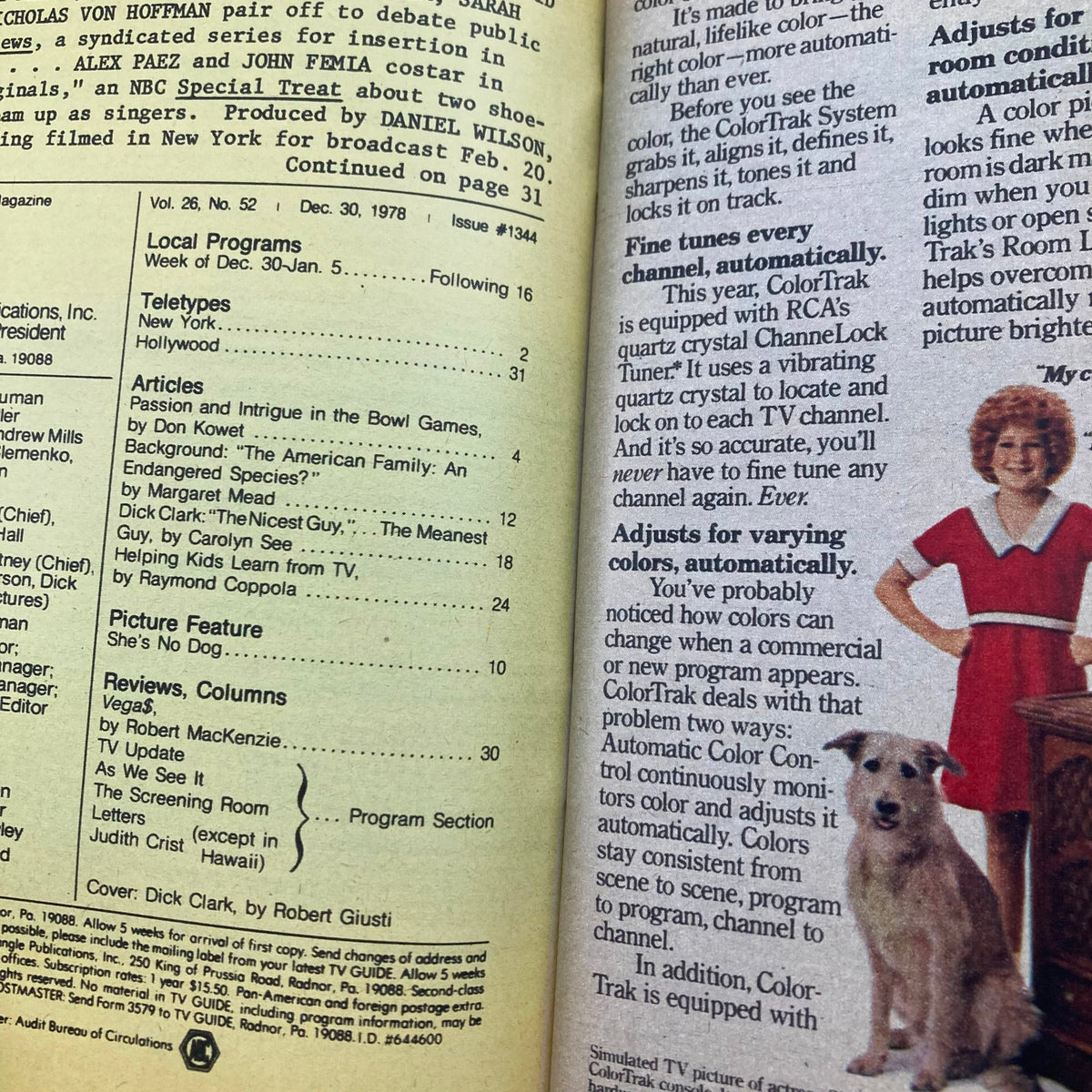 Inside page of TV Guide Magazine December 30 1978 #1344 showing articles and features, including Dick Clark and programming highlights.