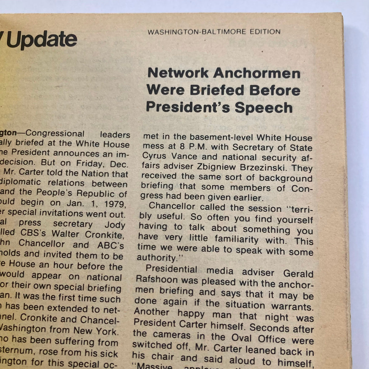 Washington-Baltimore Edition page from TV Guide Magazine December 30 1978 #1344 discussing network anchor briefing before the President's speech.