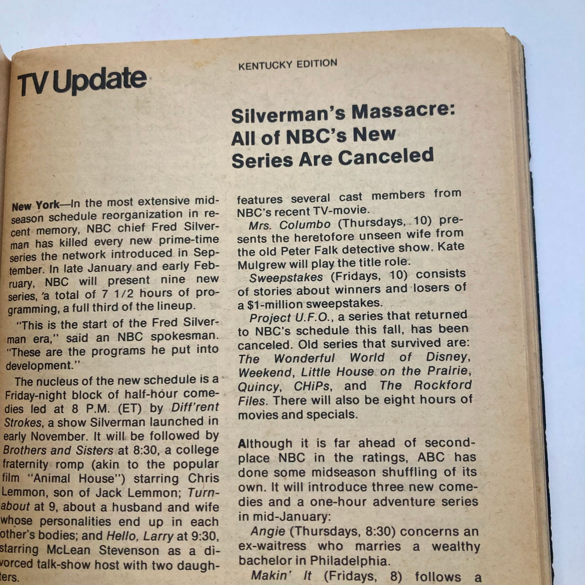 TV Guide Magazine December 9 1978 #1341 showcasing the TV update section announcing the cancellation of NBC's new series, featuring insights on television programming changes.