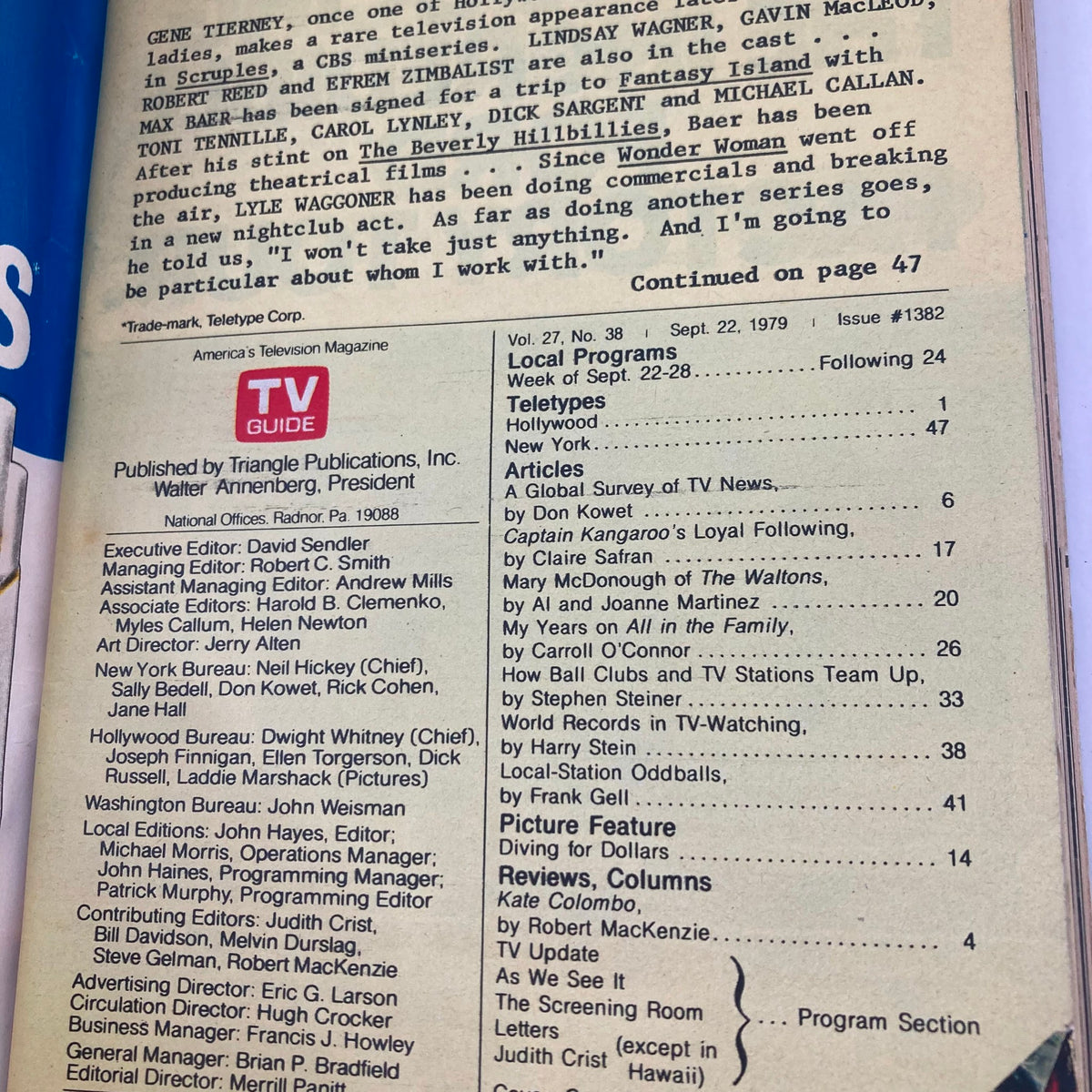 Interior page of TV Guide Magazine September 22 1979 #1382, displaying articles and local program schedules from the era.