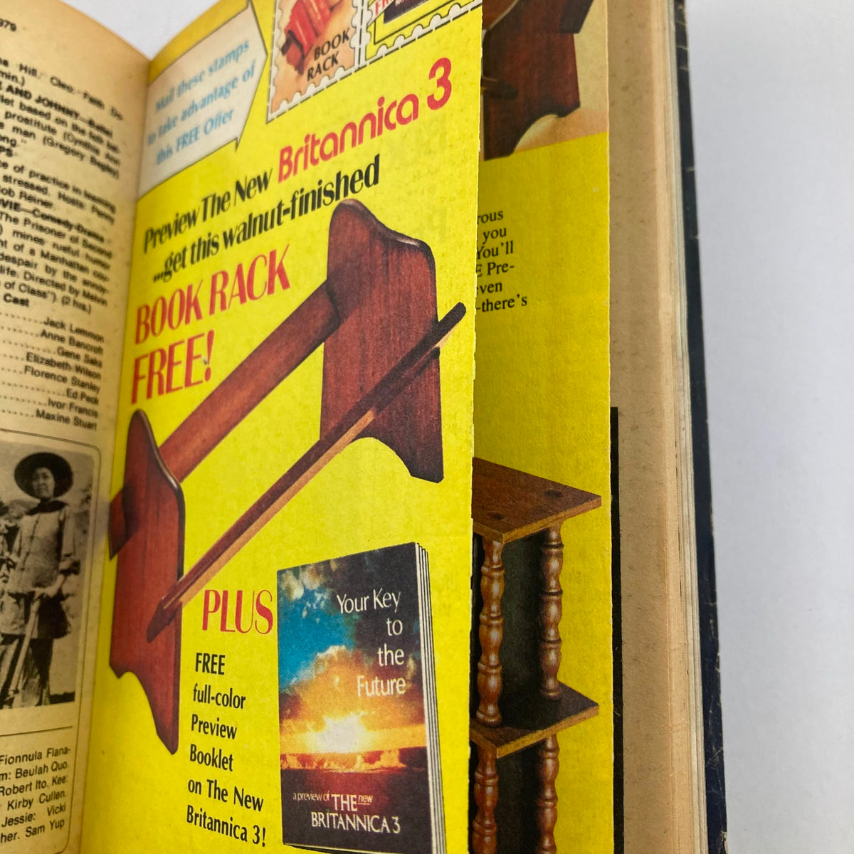 An advertisement in TV Guide Magazine April 14 1979 #1359 promoting the new Britannica 3, offering a free book rack with a subscription.