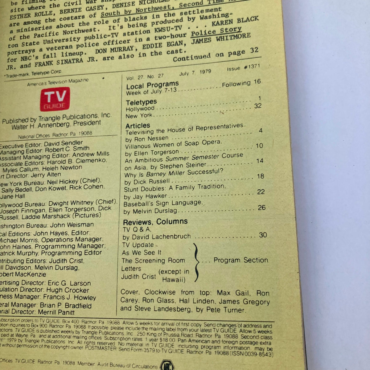 TV Guide Magazine July 7 1979 Issue #1371, back cover details with magazine publishing information and content articles reflecting the era's television programs.