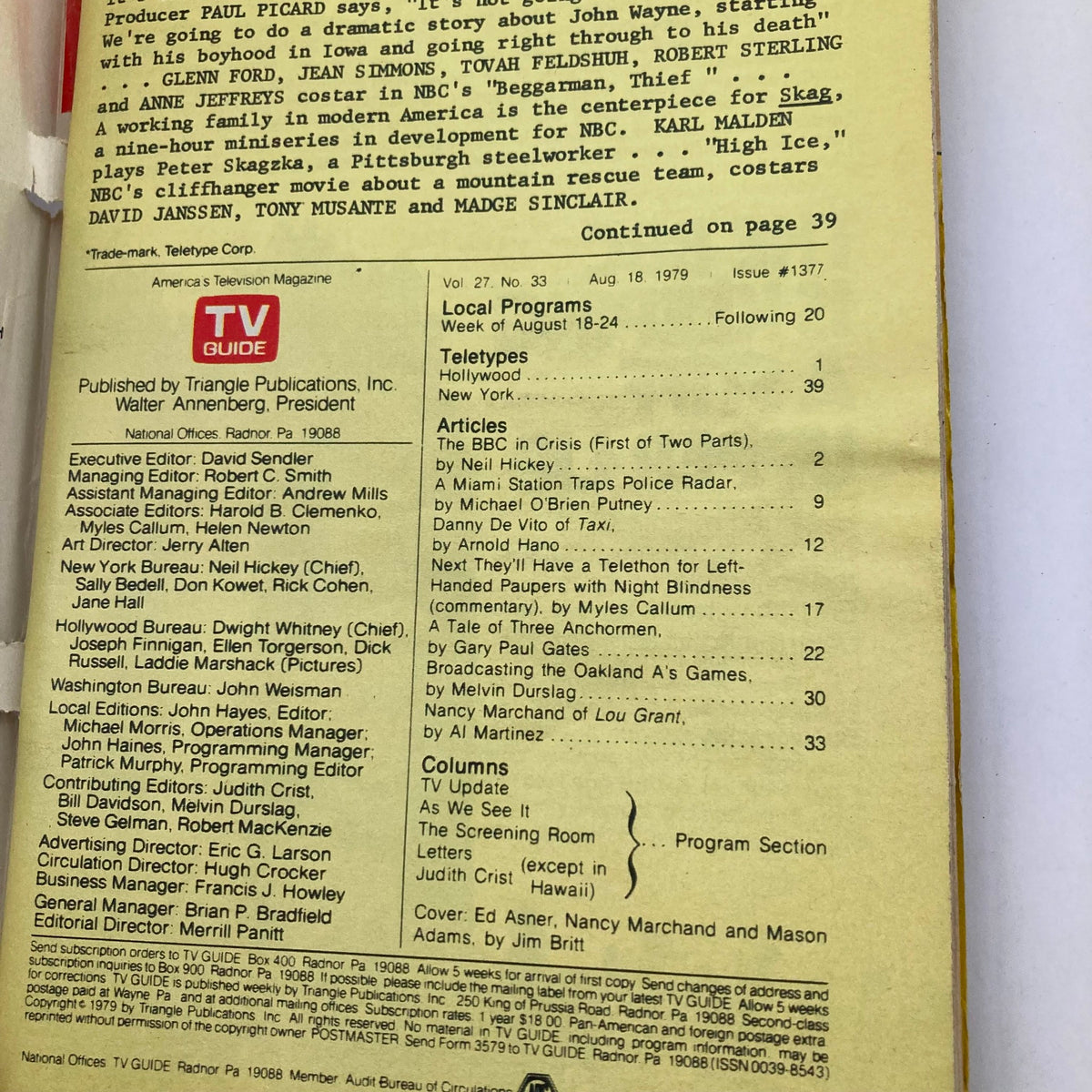 Inside page of TV Guide Magazine August 18 1979, Issue #1377 includes articles and listings, with credits to contributors and local programs for the week.