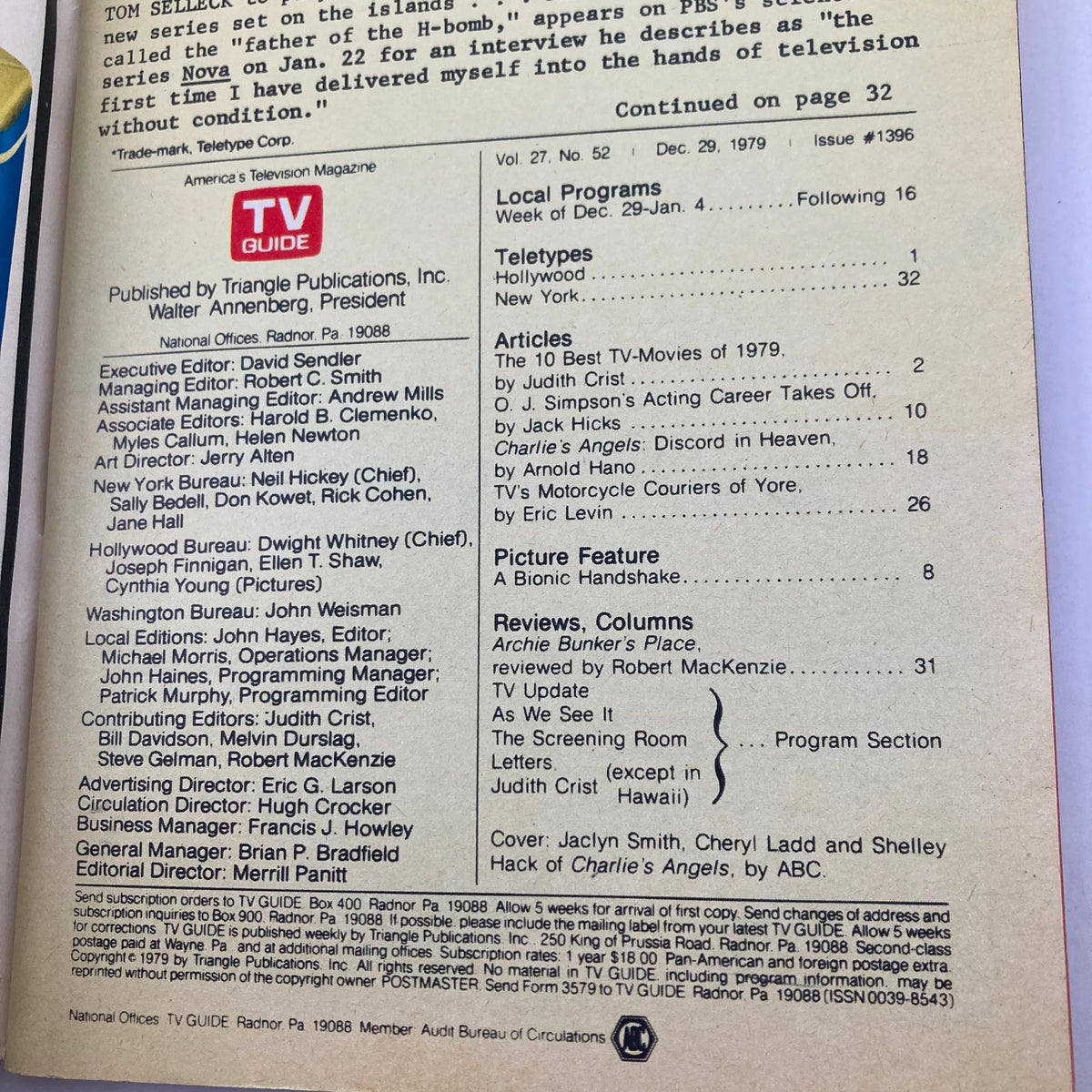 Interior page of TV Guide Magazine December 29 1979, detailing editorial staff and articles, including information on local programs and reviews.