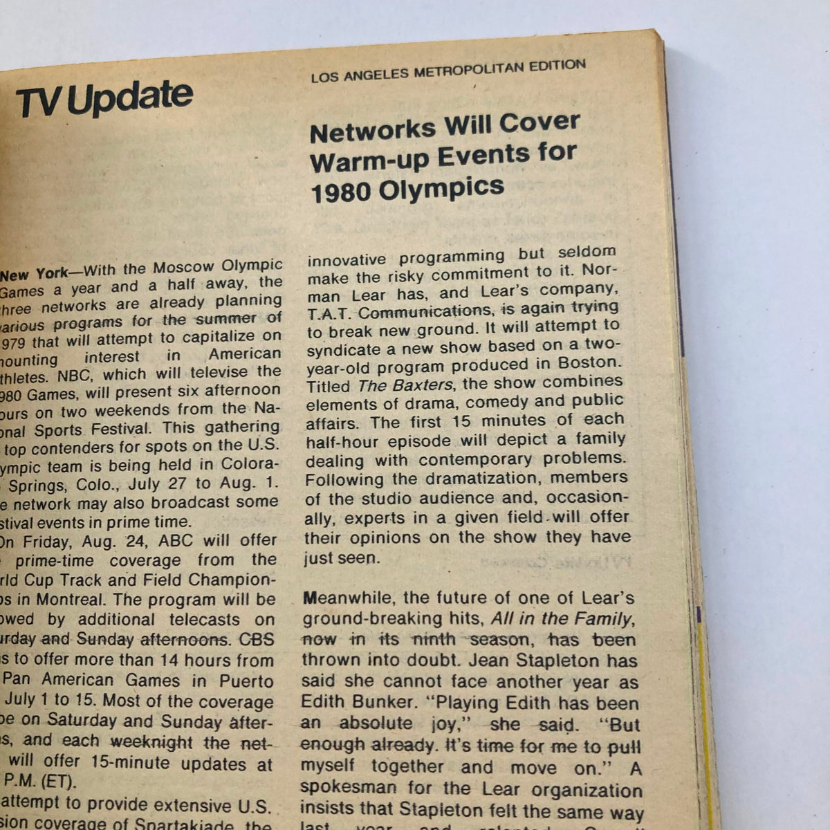 Inside page of TV Guide Magazine January 6, 1979, showcasing an article about networks covering warm-up events for the 1980 Olympics, with a focus on Jean Stapleton's role in 'All in the Family'.