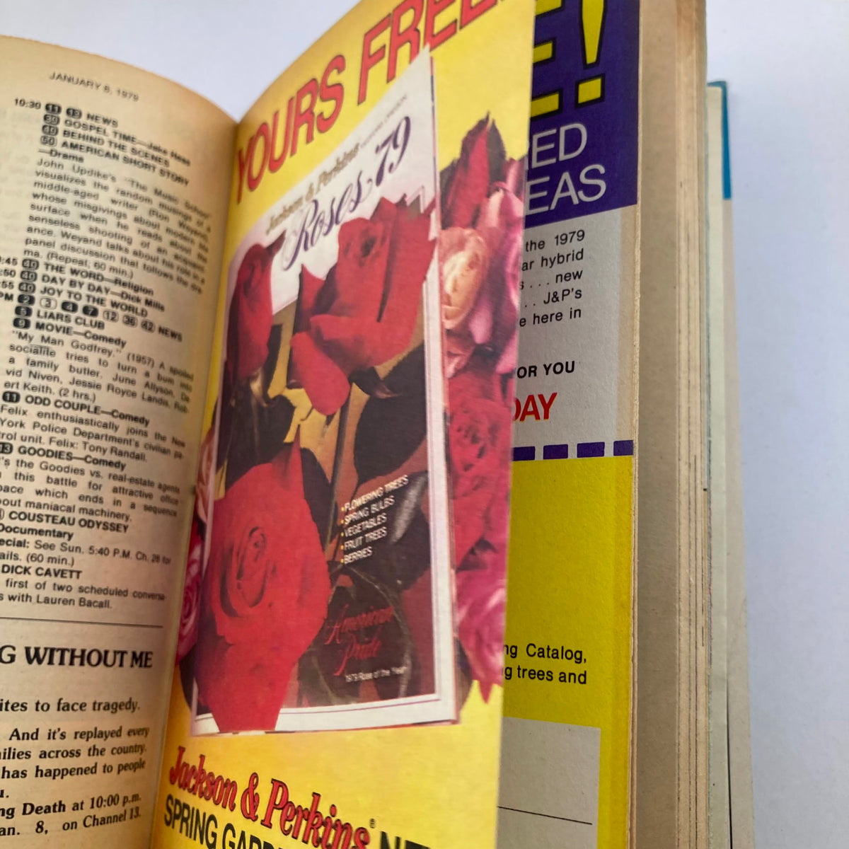 Inside look at the TV Guide Magazine January 6 1979 #1345 featuring an advertisement with roses and gardening tips, showcasing nostalgic television programming contents.
