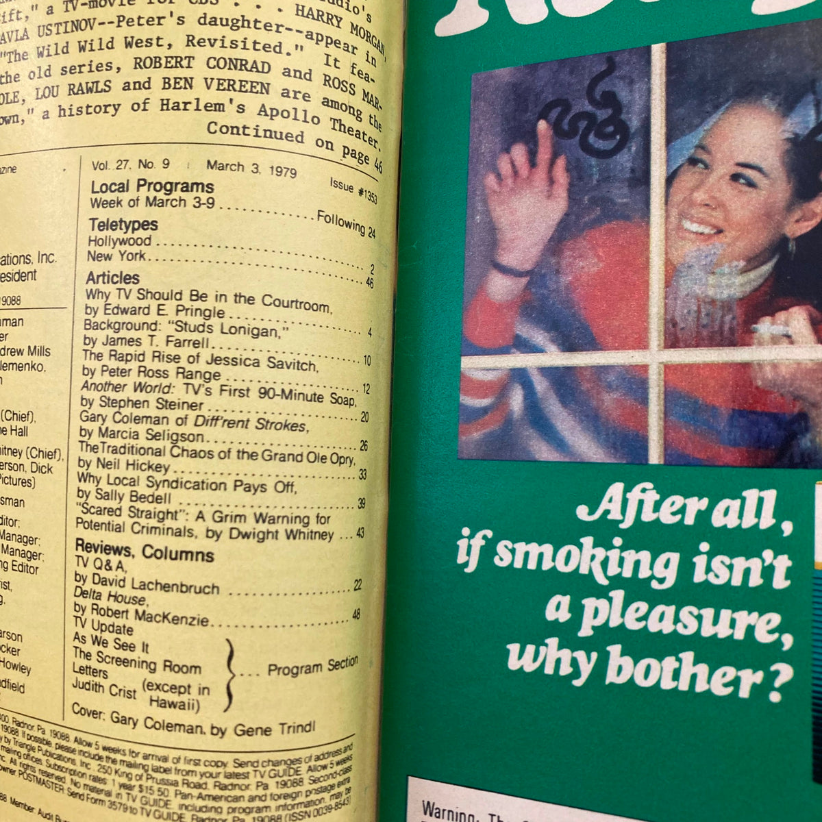 Inside page of TV Guide Magazine March 3, 1979 showing local programs and article listings, including a feature on Gary Coleman.