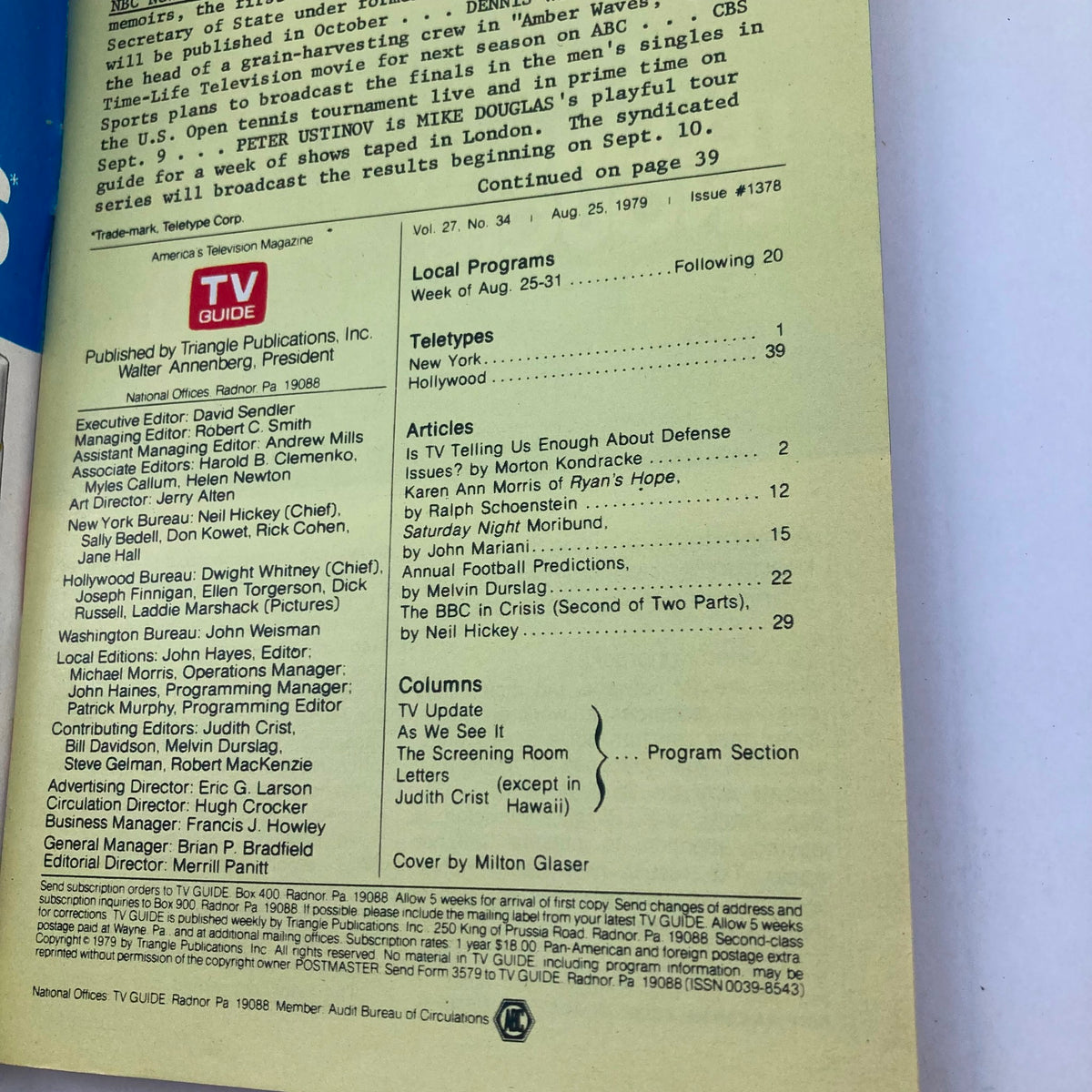 Back cover of TV Guide Magazine August 25 1979 displaying publication details and articles for the week of August 25-31, emphasizing the magazine's status as a key television resource.
