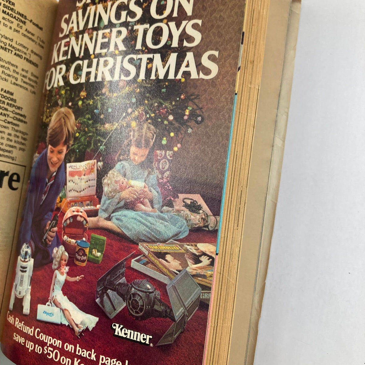 Advertisement in TV Guide Magazine from November 17, 1979, showcasing Kenner toys for Christmas with children playing, representing nostalgic holiday themes.