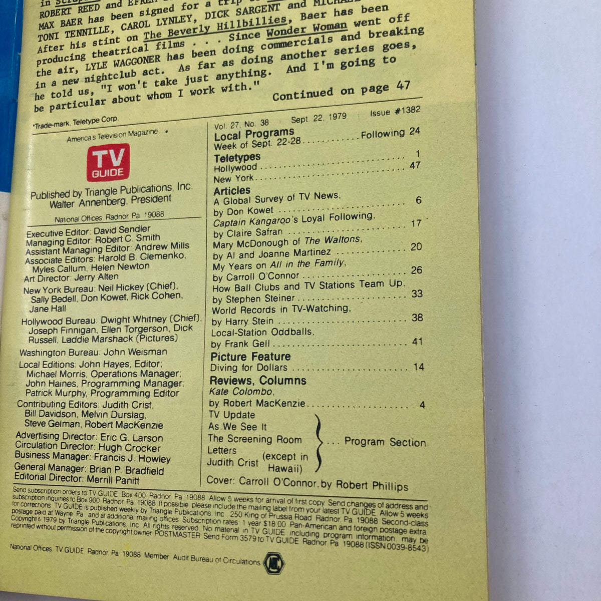 TV Guide Magazine September 22 1979 #1382 featuring Carroll O'Connor - Back cover showcasing local programs, articles, and TV updates from the Washington-Baltimore edition.