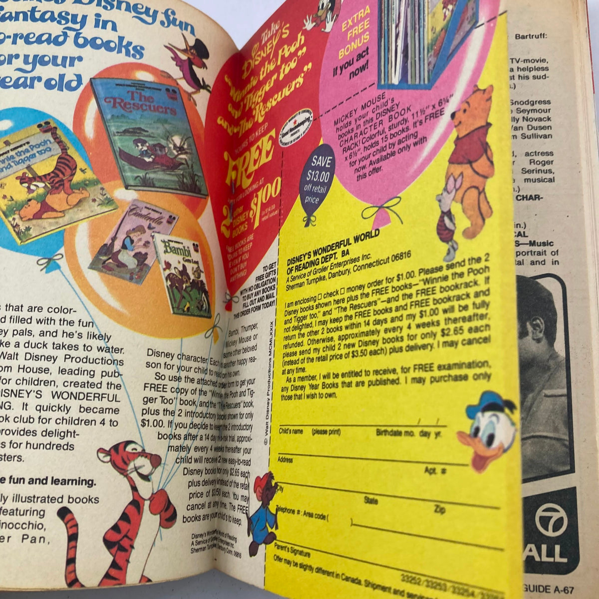 Inside page of TV Guide Magazine August 18 1979 featuring Disney book advertisements including The Rescuers, an offer for free books, and characters like Winnie the Pooh and Donald Duck.