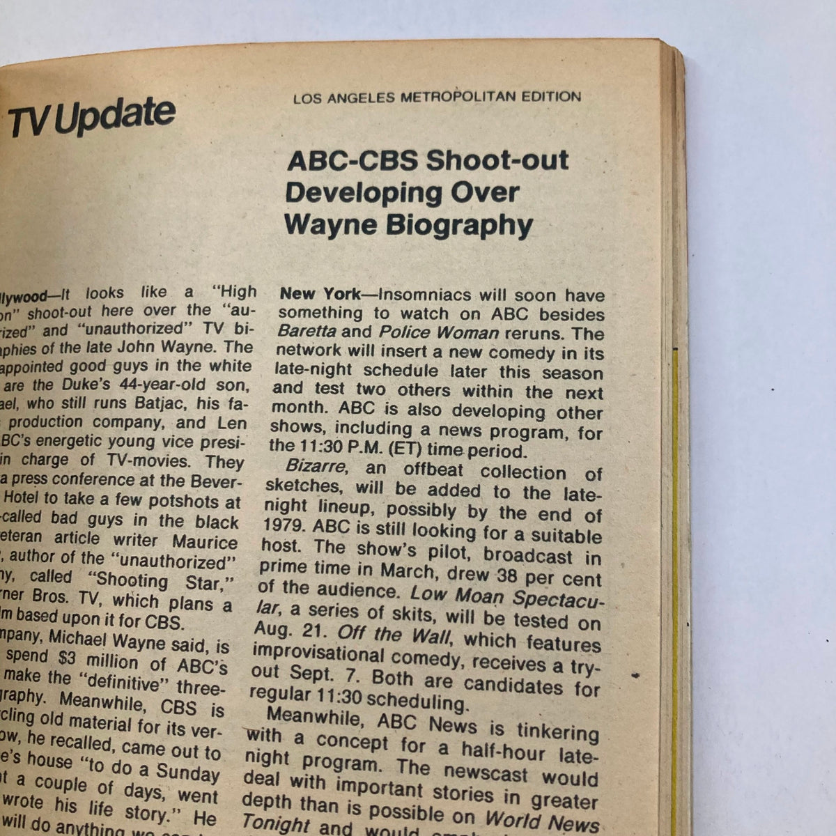 TV Update section from TV Guide Magazine August 18 1979 discussing upcoming shows on ABC, including a biography on John Wayne and new comedy series announcements.