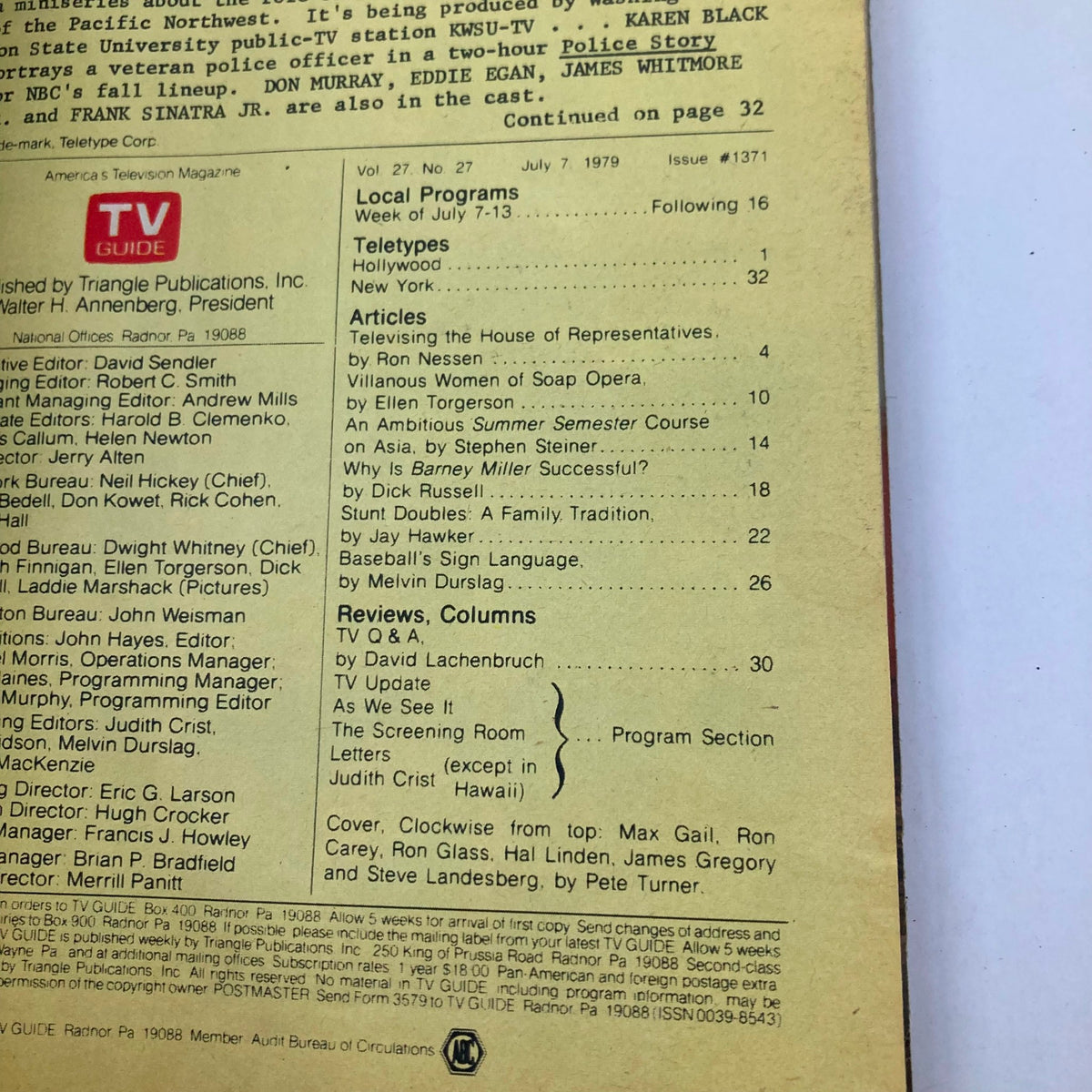 Inside page of TV Guide Magazine July 7 1979, issue #1371. It lists articles and features including a discussion on the success of 'Barney Miller' and various television programs of the week.
