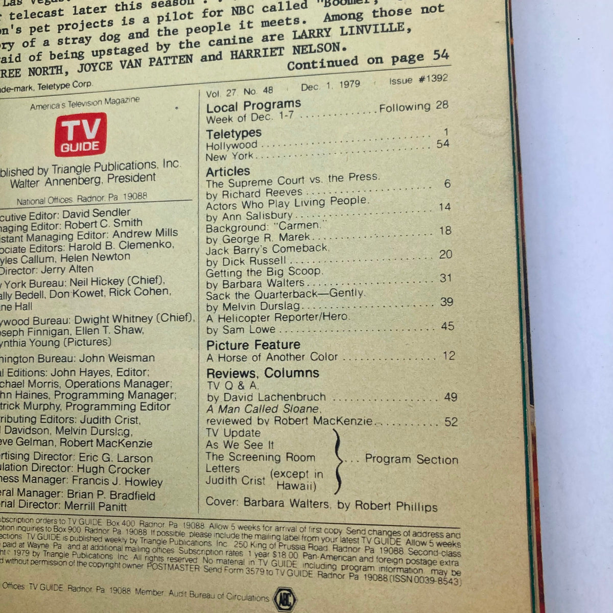 Back cover of TV Guide Magazine December 1 1979 #1392, featuring articles and program listings, including a TV update.