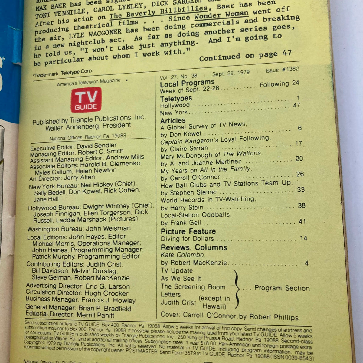 Inside page of TV Guide Magazine September 22 1979 issue #1382, detailing local programs and articles, including a survey of TV news and various feature stories.