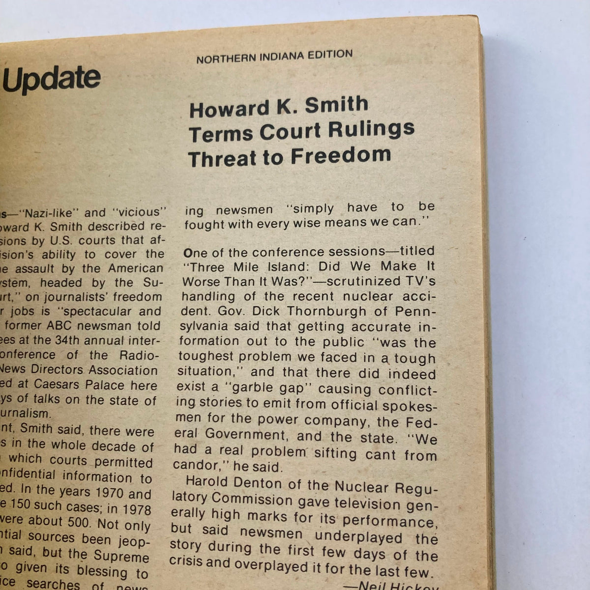 News update page from TV Guide Magazine September 22 1979 issue #1382, featuring an article by Howard K. Smith on court rulings affecting journalism freedom.