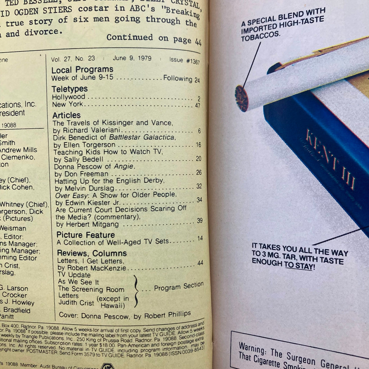 Inside page of TV Guide Magazine June 9, 1979, issue #1367, displaying local programming and articles, including highlights about Donna Pescow of Angie.