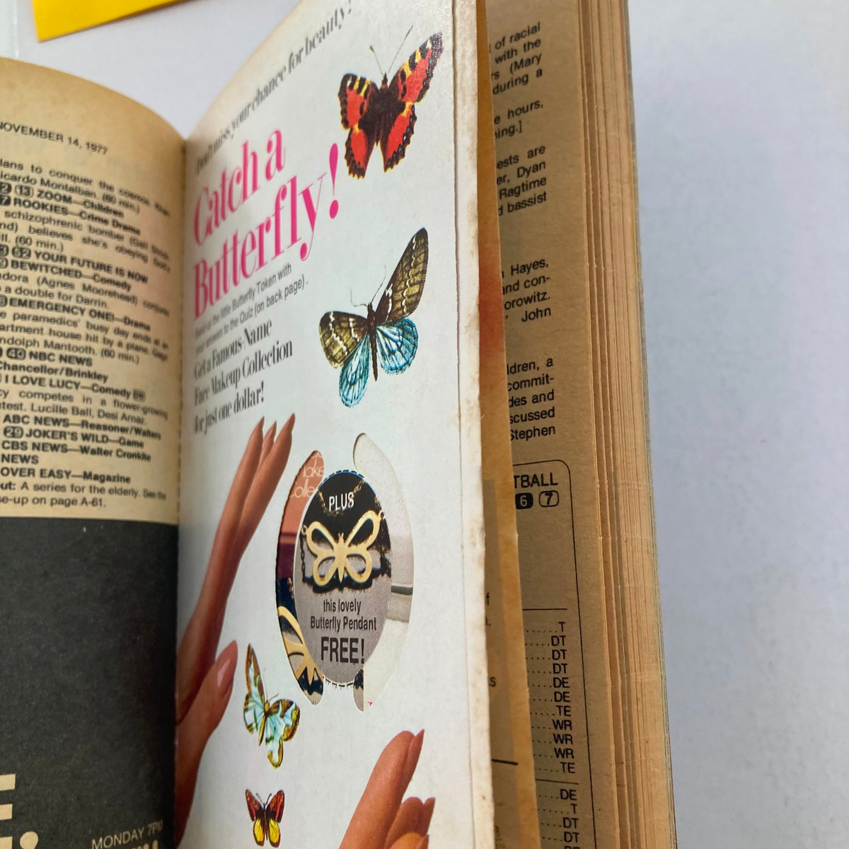 TV Guide Magazine November 12 1977 Issue #1285 highlighting a colorful advertisement for beauty products with butterfly graphics, showcasing marketing styles of the 1970s.