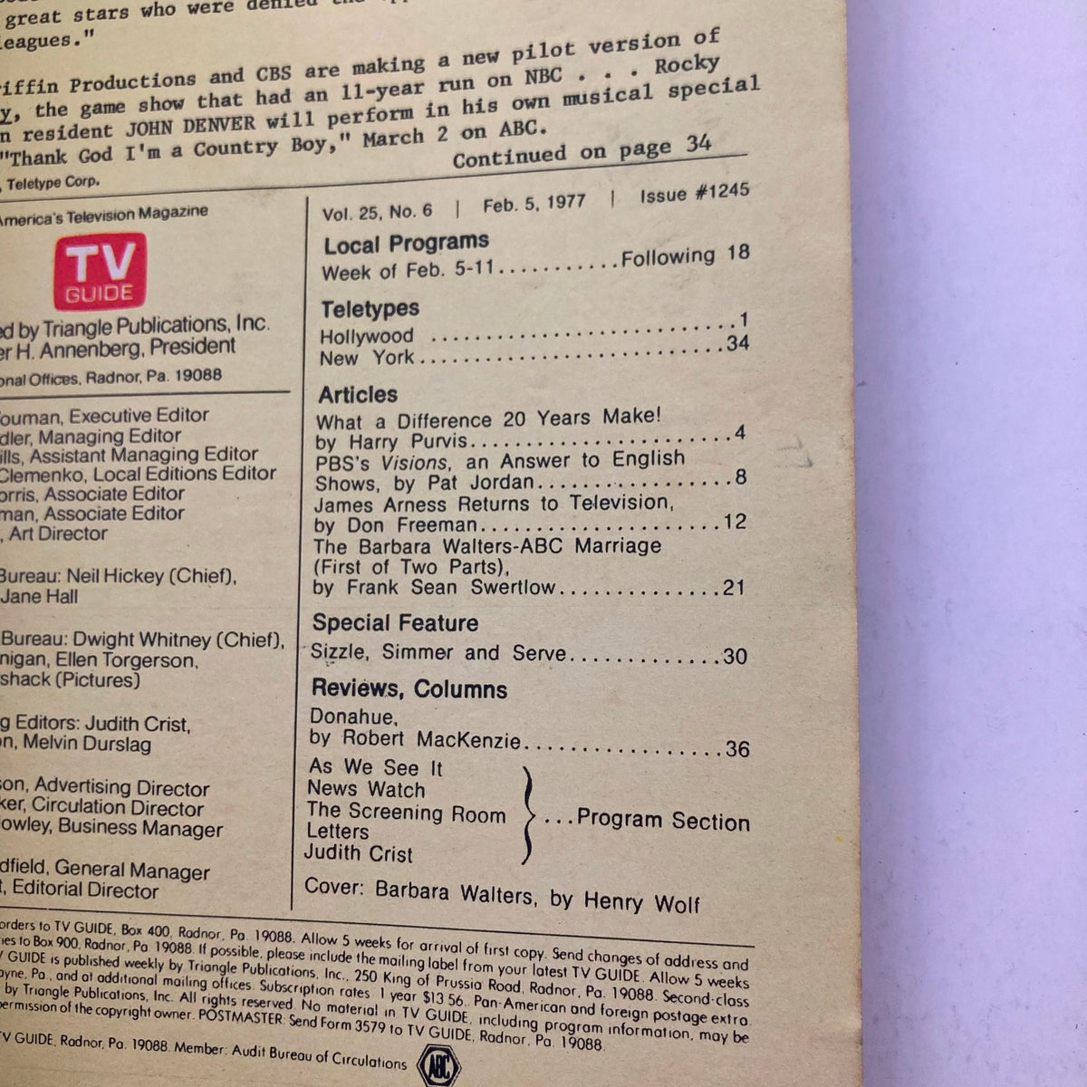 Inside content page of TV Guide Magazine, February 5, 1977, issue #1245. The page lists articles and local programs, showcasing the magazine's structure and details from the television landscape of the era.